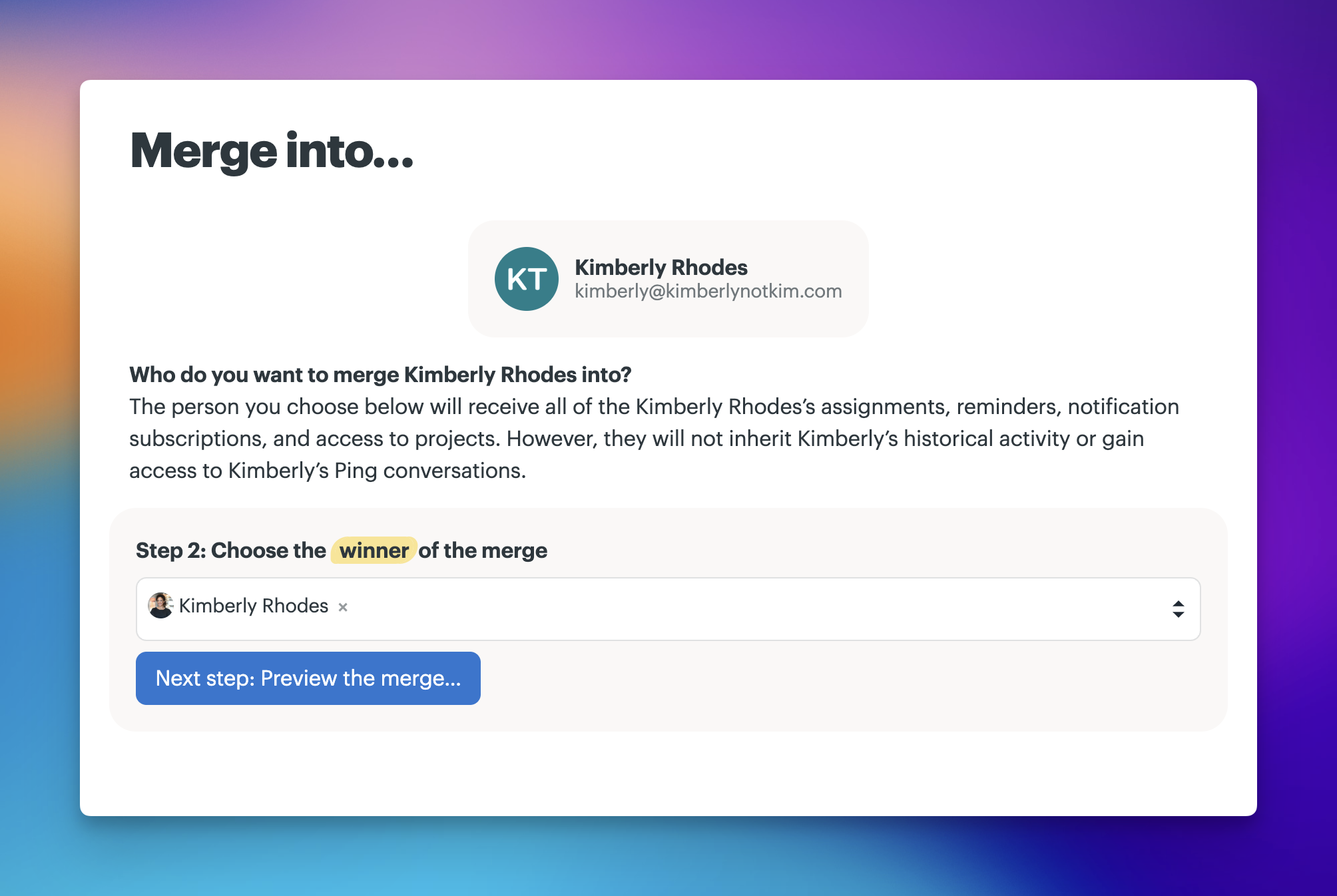 Screenshot of Merge people page — selecting the winner profile