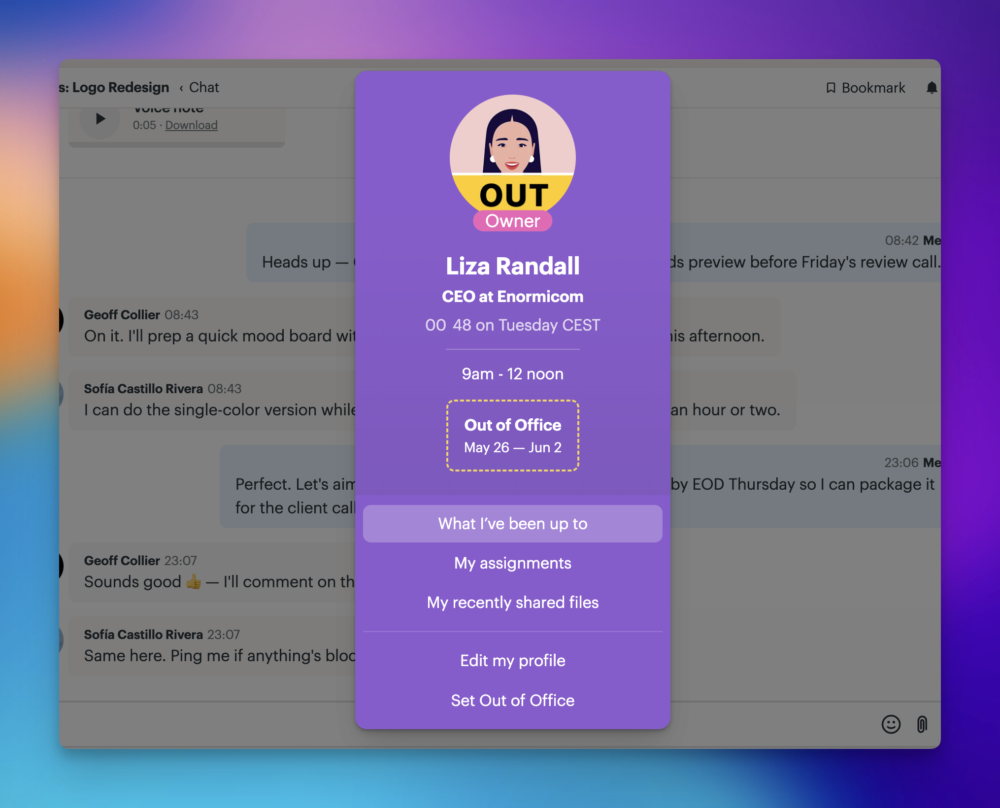 A screenshot of Out of Office screen with toggle enabled and dates set