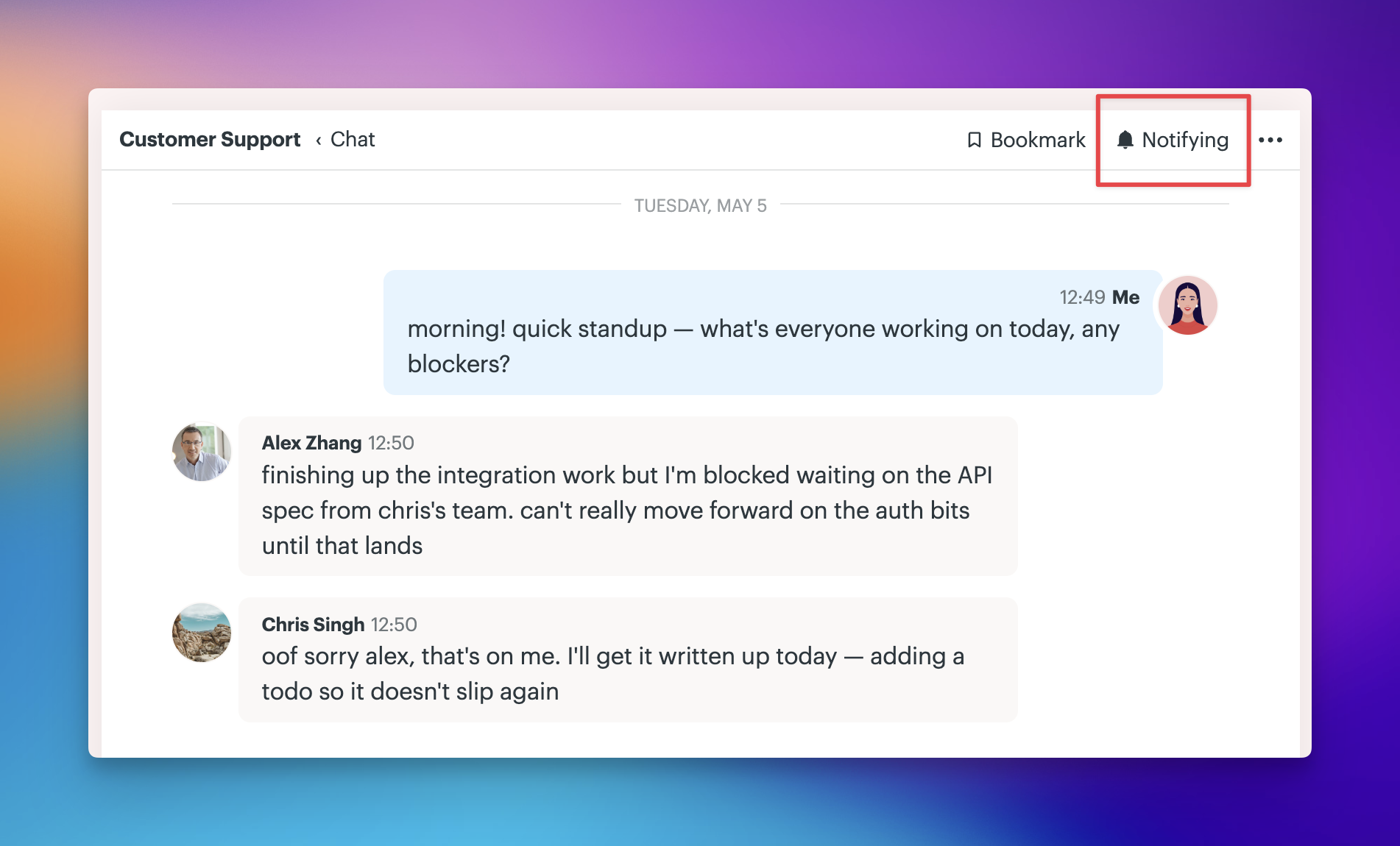 screenshot of Chat room with notifications button highlighted