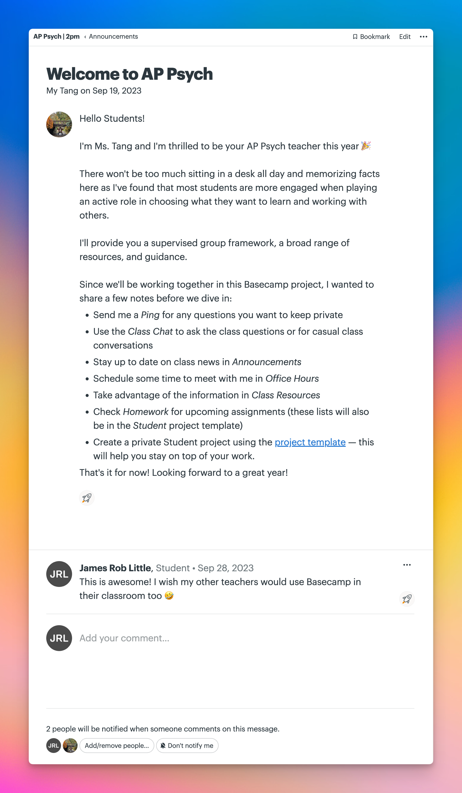 Basecamp announcement welcoming students to AP Psych, with class guidelines and a comment section below.