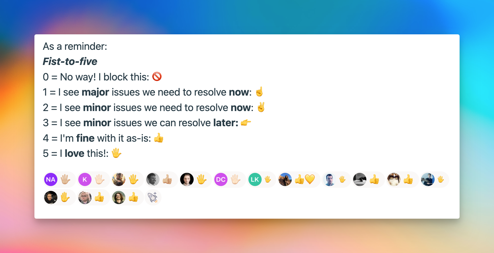 Screenshot of a Fist-to-five reminder showing what each rating means, with team members reacting using hand-gesture emojis.