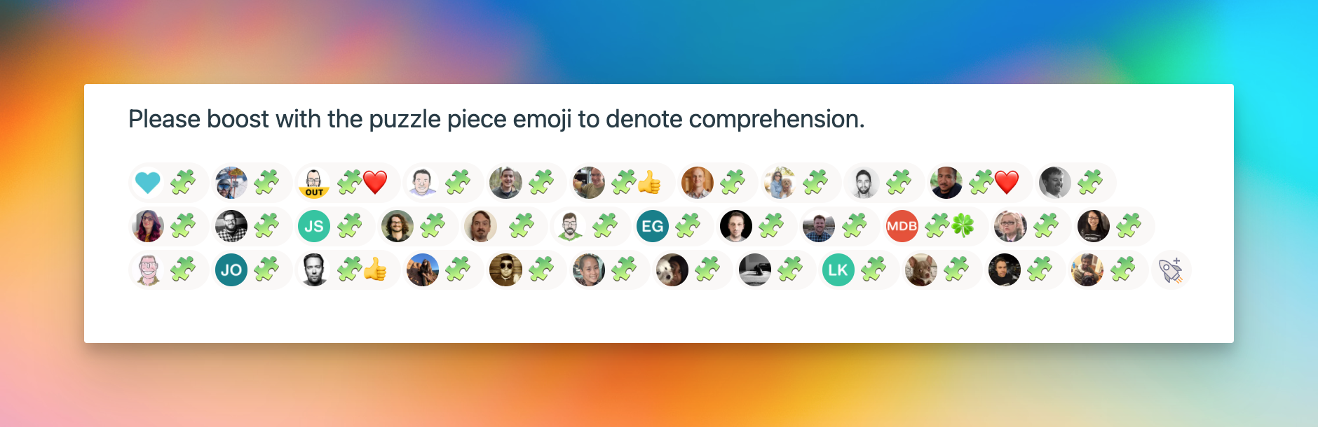 Screenshot of puzzle emojis as boosts to note their comprehension.