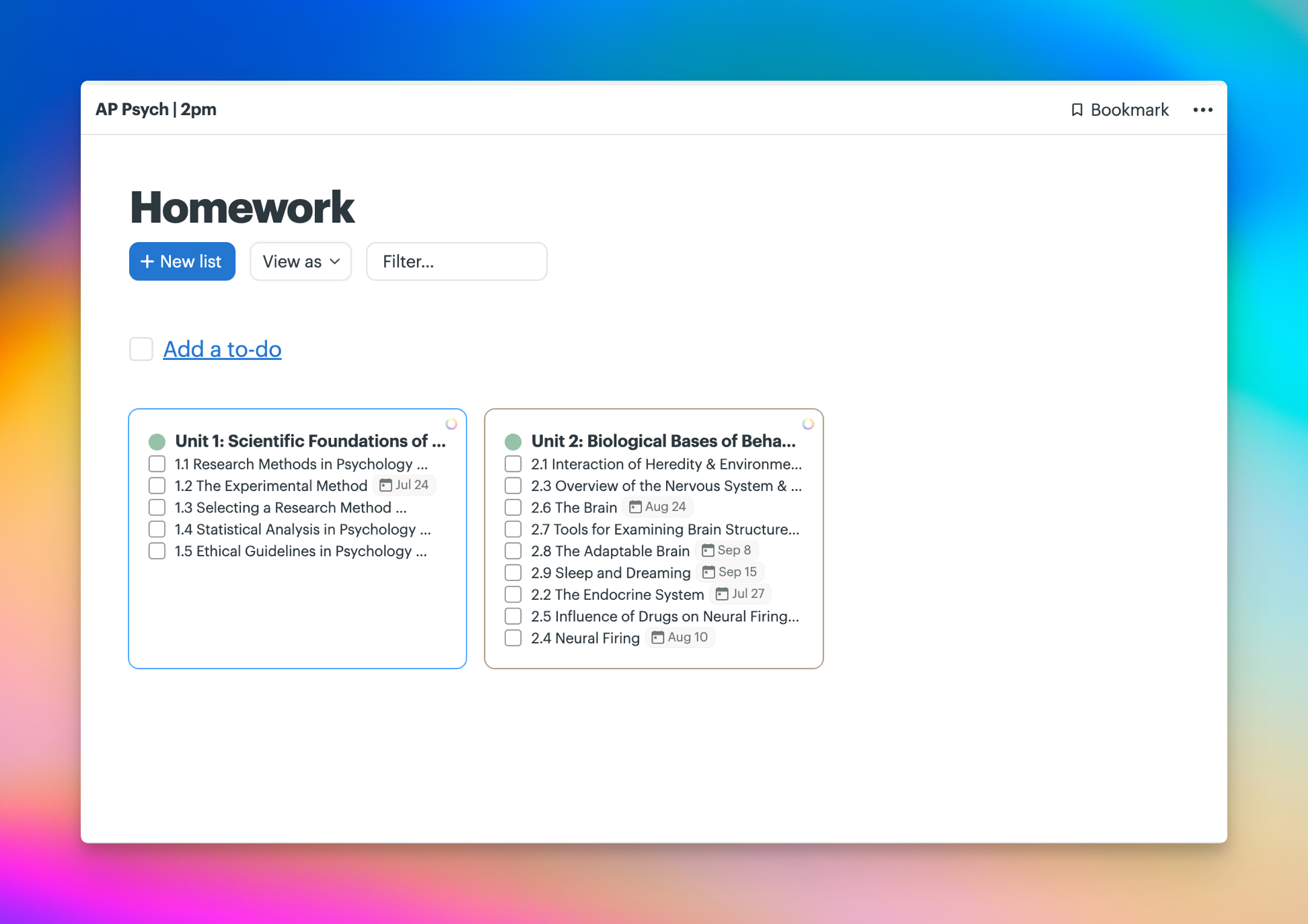 Screenshot of a to-do list tool named Homework. It shows two to-do lists — one for Unit 1 assignments and the other for Unit 2 assignements.