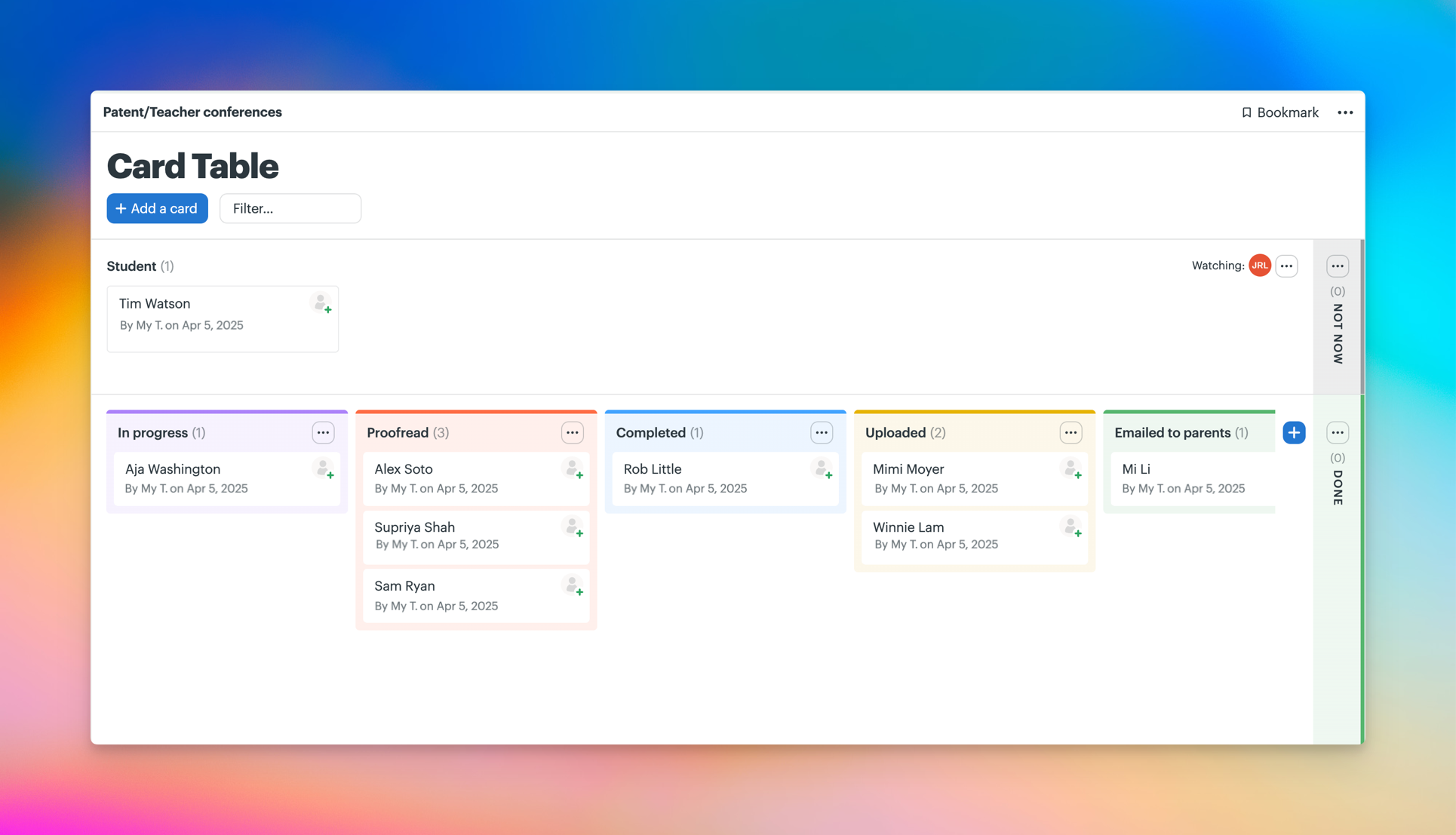 Screenshot of a Card Table for parent-teacher conferences, showing student progress reports organized by stage, from in progress to emailed to parents.