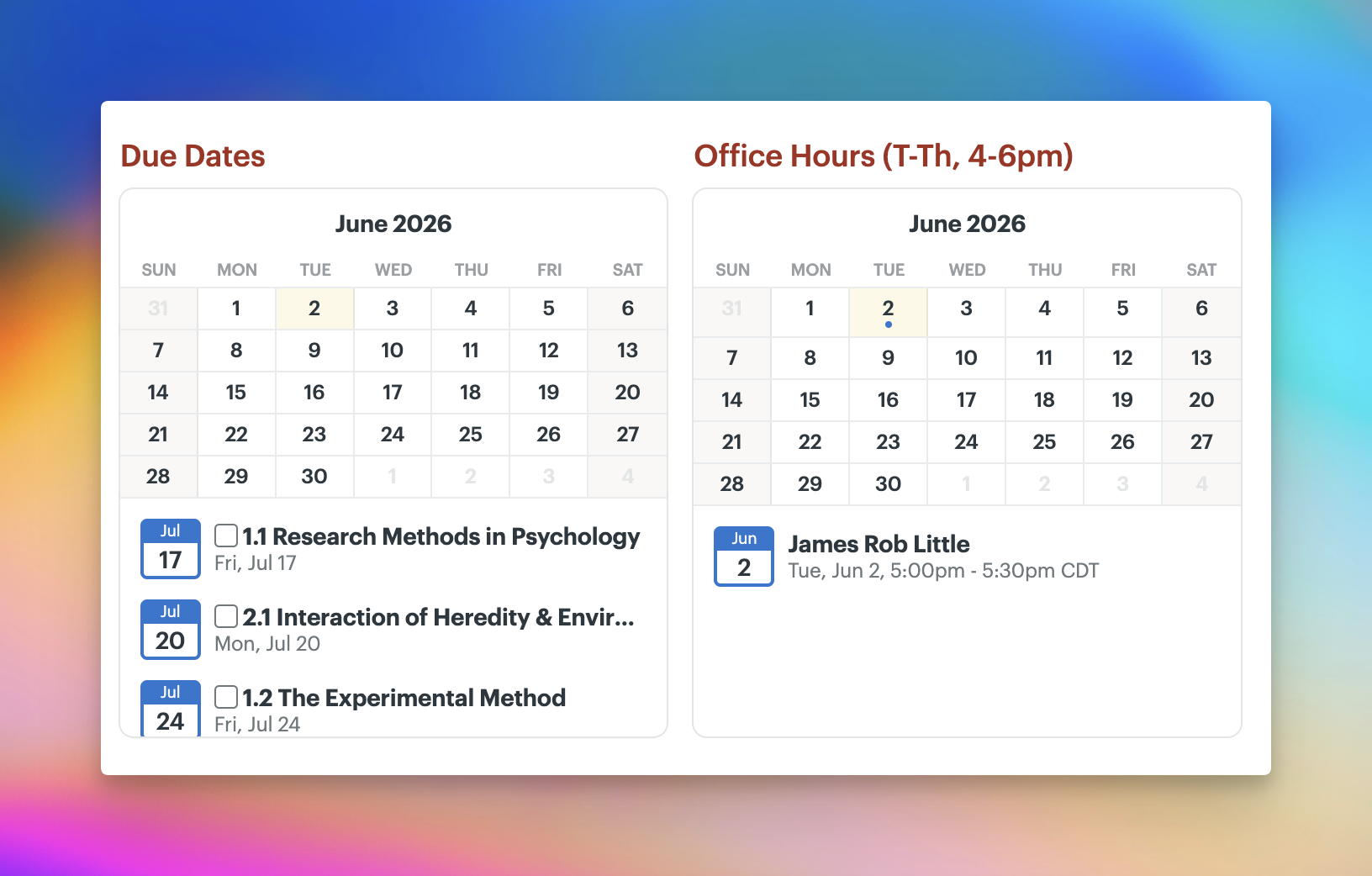 Screenshot of 2 Calendar previews in a project. One is for assignment due dates and the other is for the teacher's office hours.