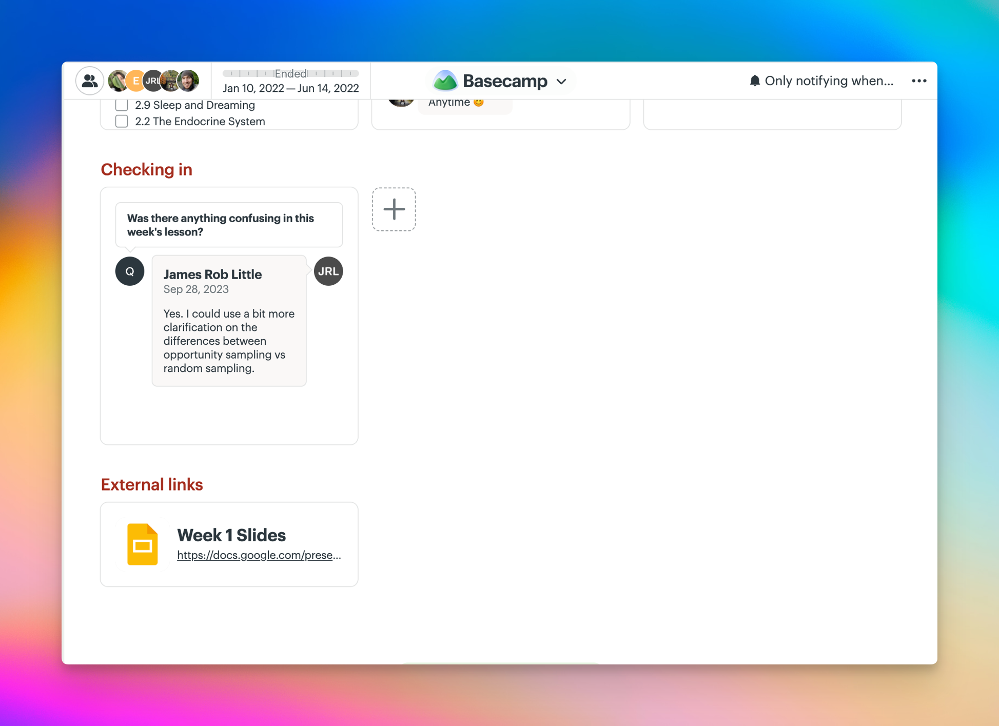 Screenshot of a project page with an external link to Week 1 slides.
