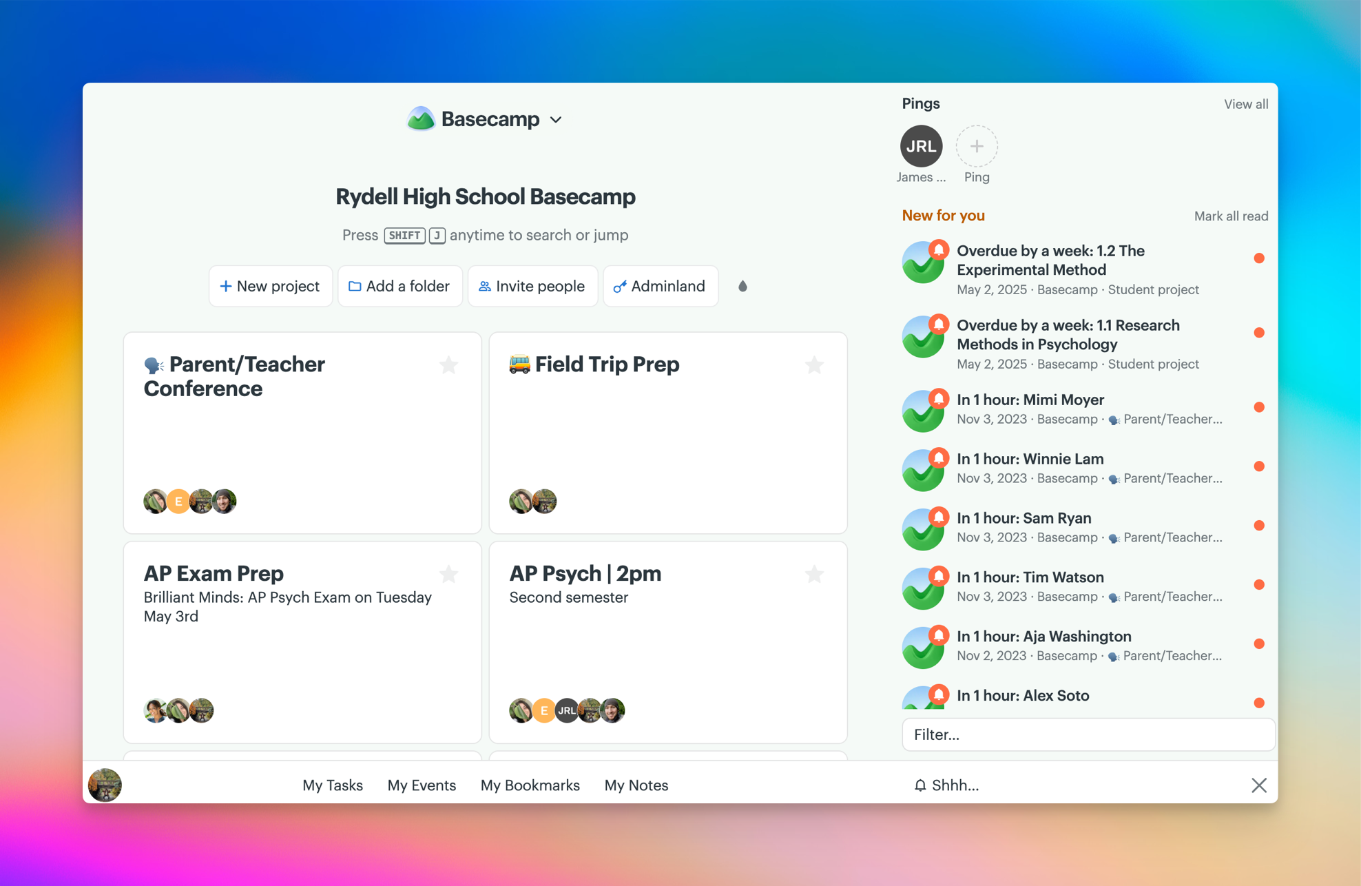 Screenshot of the teacher's Basecamp home screen for Rydell High School, showing class project cards and a notification side panel with upcoming and overdue student tasks.