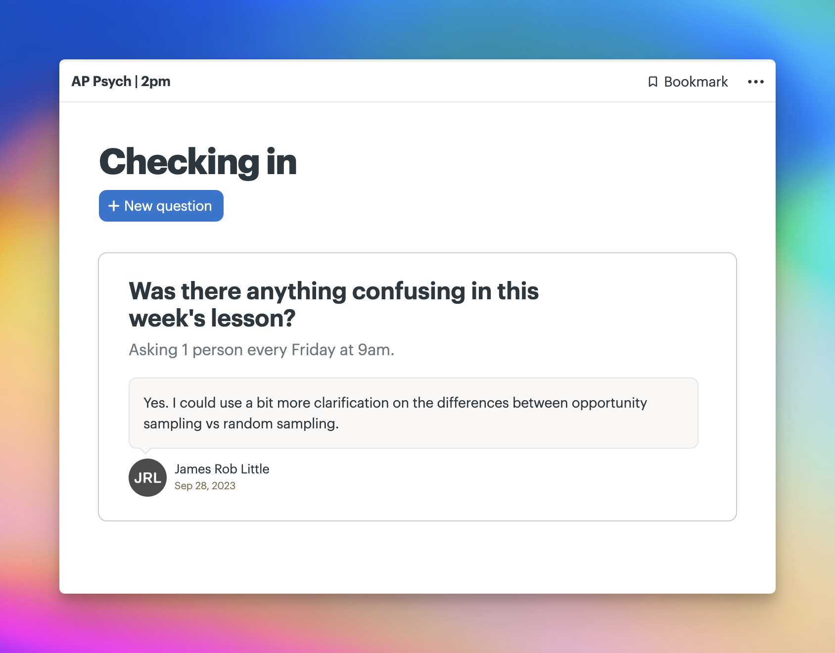 Screenshot of an Automatic check-in question with a comment from a student.
