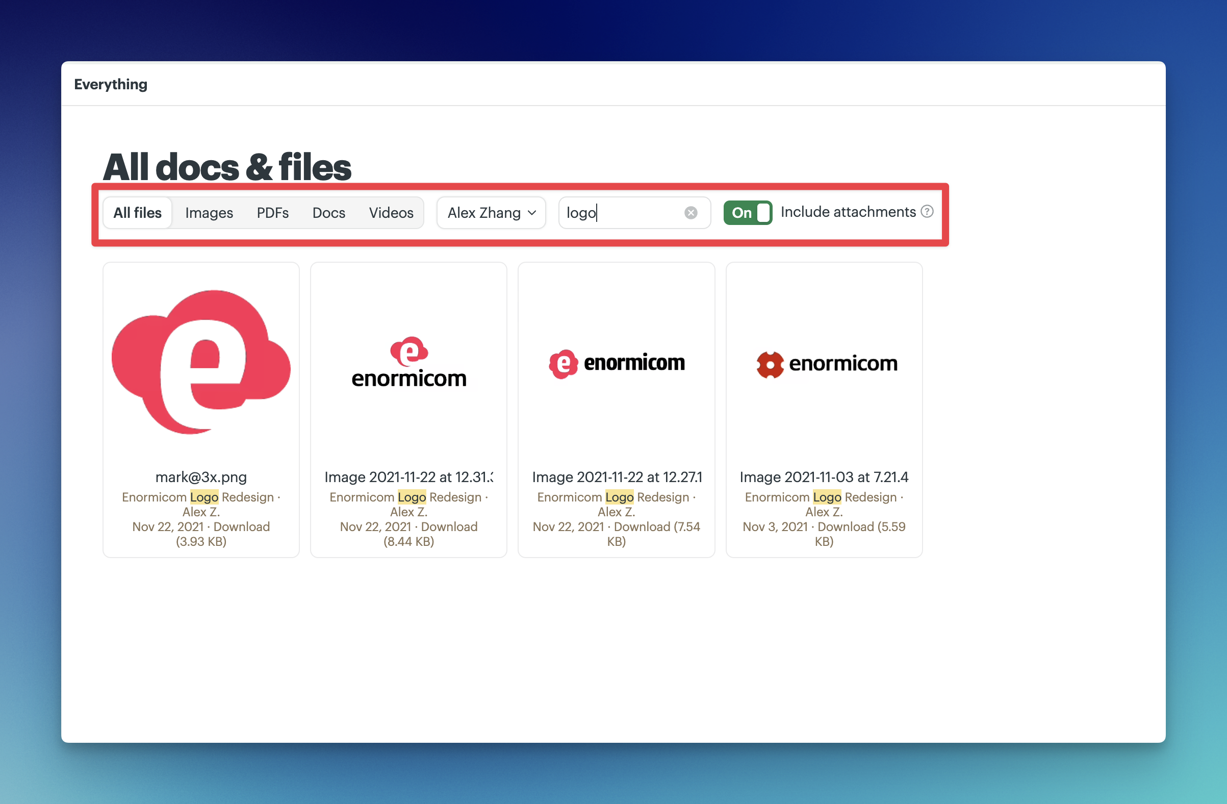Screenshot of the All Docs and Files Everything page with the filter options outlined in a red box.