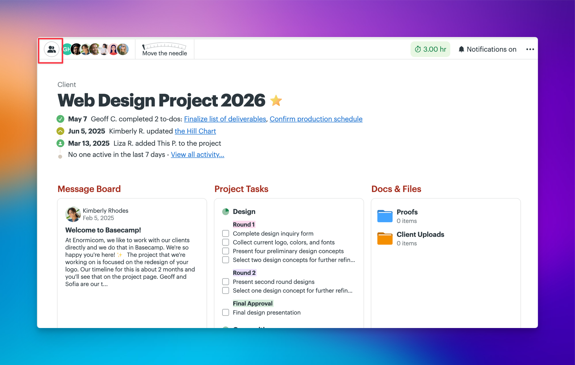 Screenshot of a project's main page with the people icon outlined in a red box. 