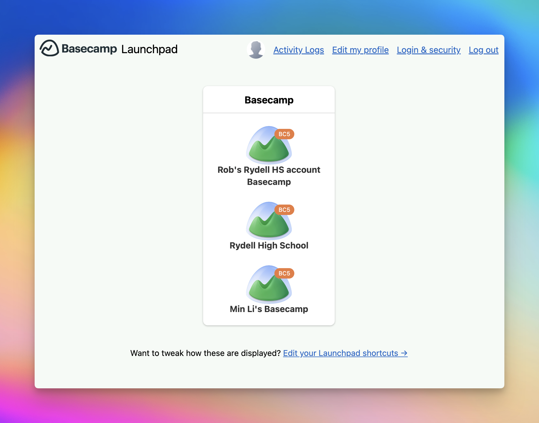 Screenshot of a user's Launchpad with 3 icons — one for each Basecamp account they have access to..