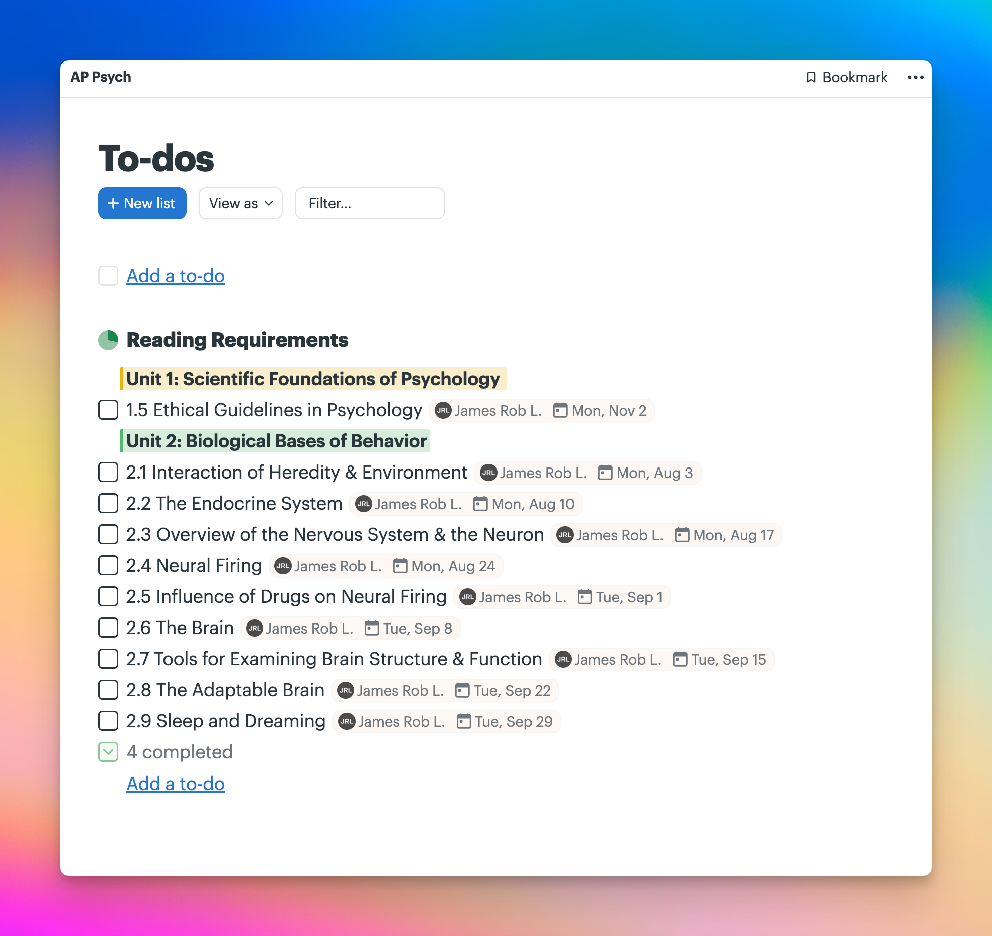 Screenshot of a to-do list titled Reading requirements. There are two To-do groups within that list — one titled Untie 1: Scientific Foundations of Psychology and another titled Unit 2: Biological Bases of Behavior.  