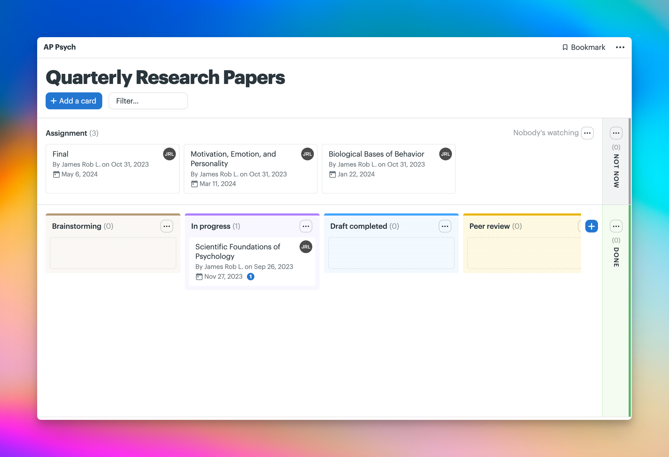 Screenshot of a project's Card Table tool renamed to Quarterly Research Papers.