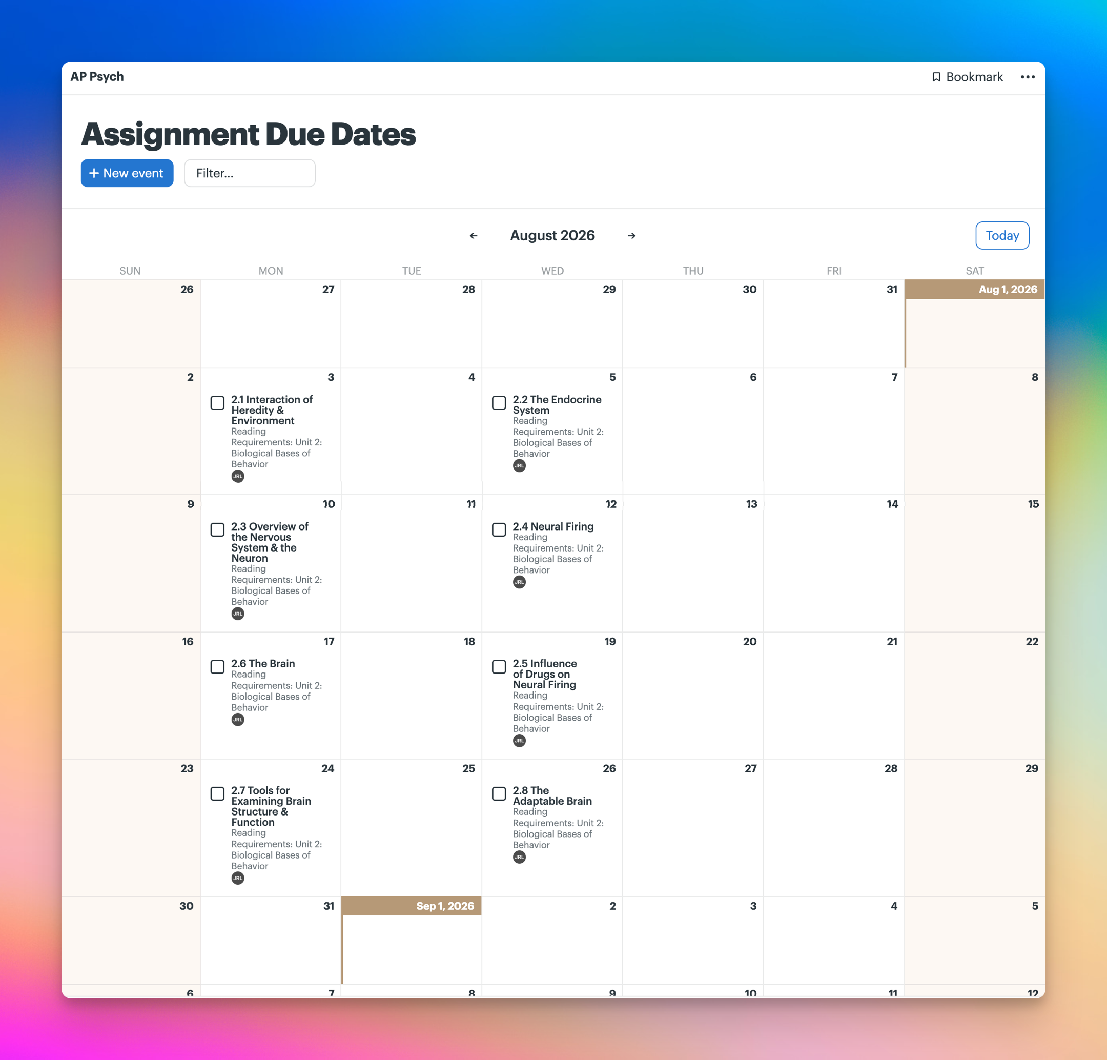Screenshot of a project's Calendar renamed to Assignment Due Dates. The project tasks are displayed in a grid view.