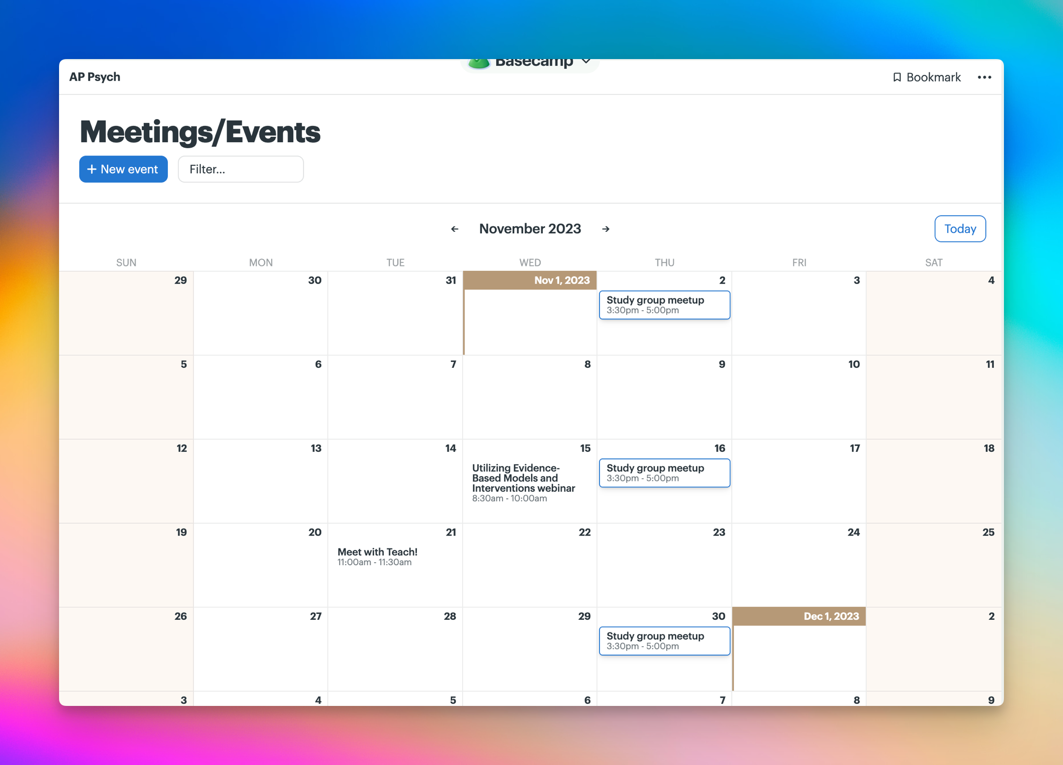 Screenshot of a project's Calendar renamed to Meeting/Events. The calendar events are displayed in a grid view.