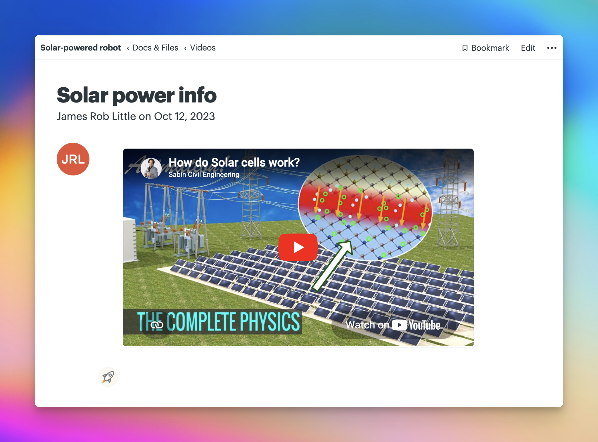 Screenshot of a Basecamp document with a Youtube video titled Solar power info.