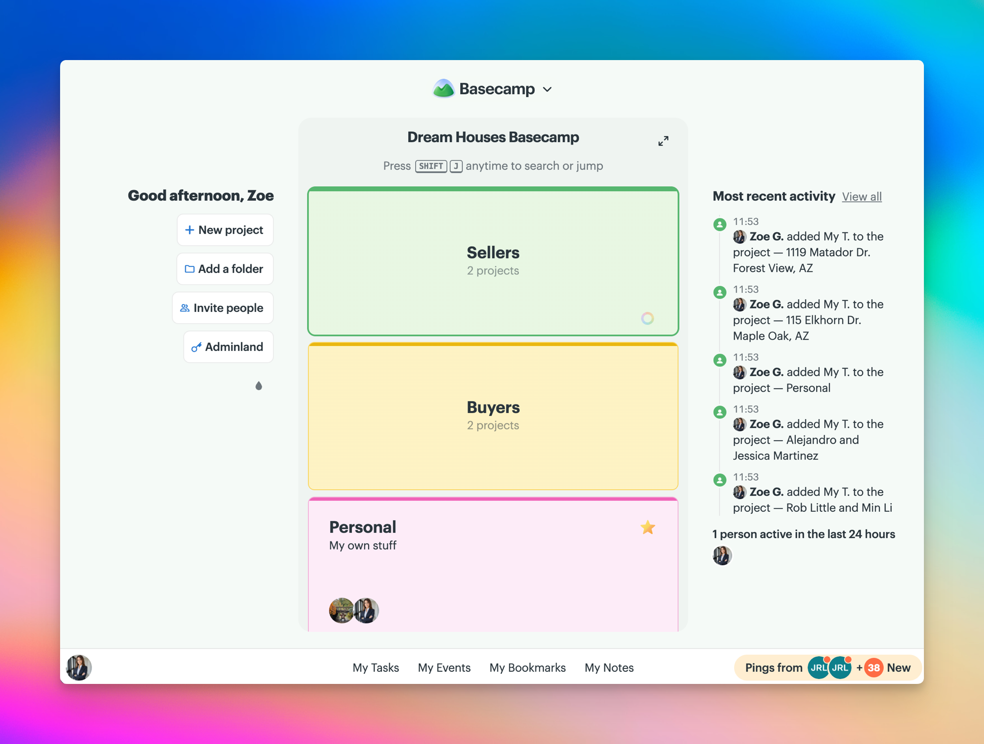 Screenshot of a Basecamp Home screen for an account named Dream Houses. You can see list of your projects and recent activity on this screen.