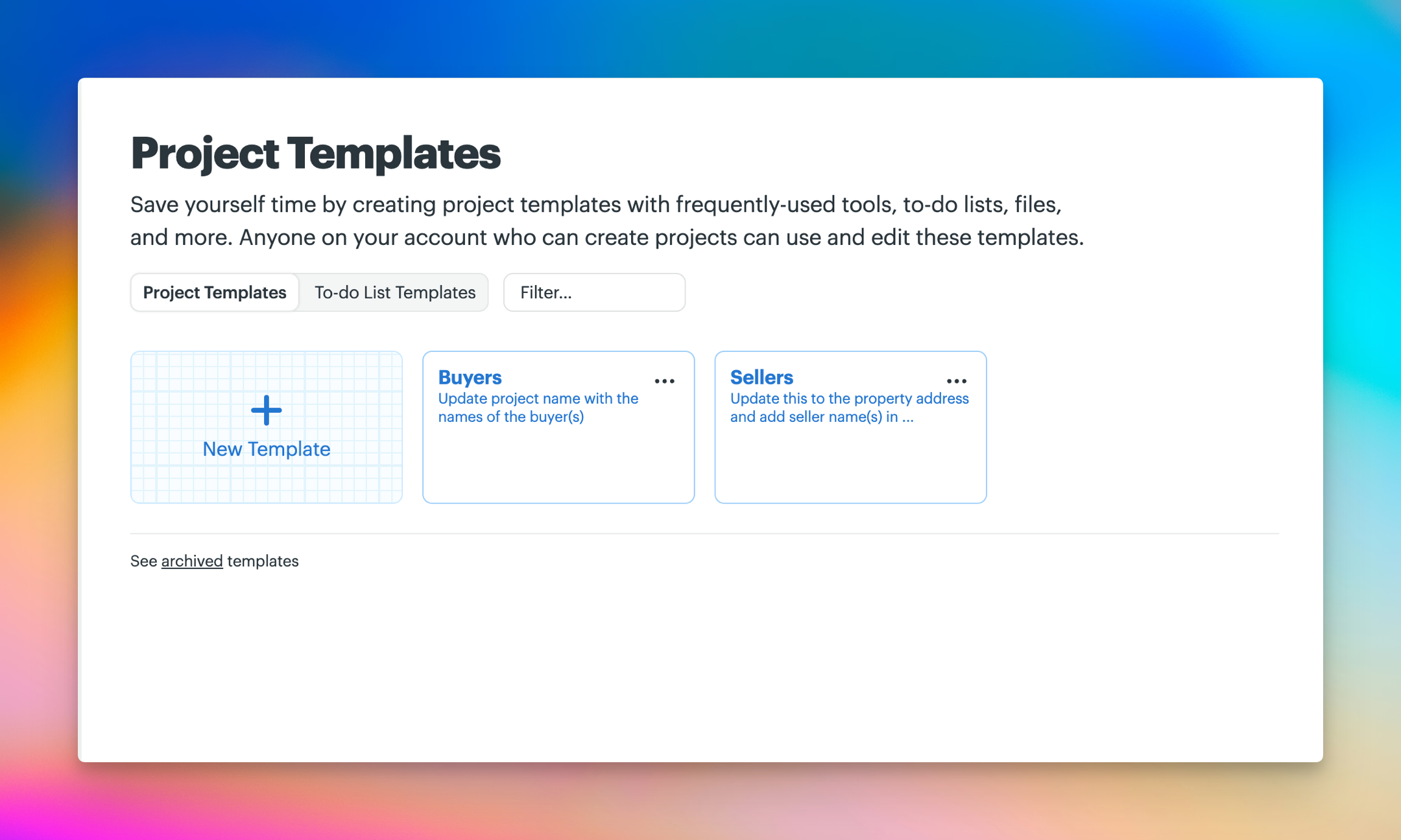 Screenshot of the Project Templates page showing two templates — one for buyers and the other for sellers.