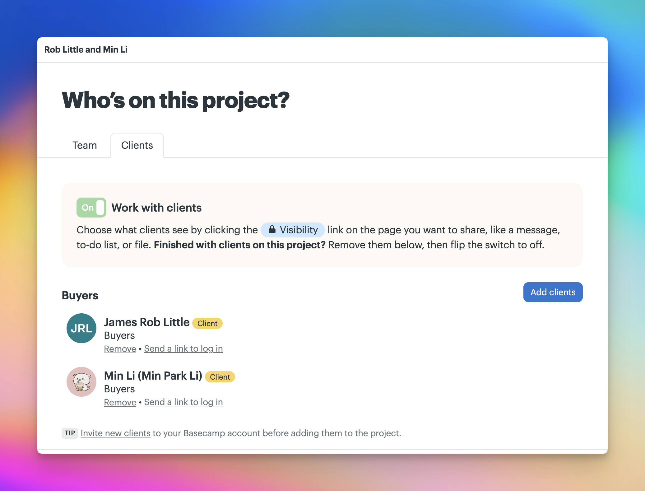 Screenshot of a project access' Client tab.
