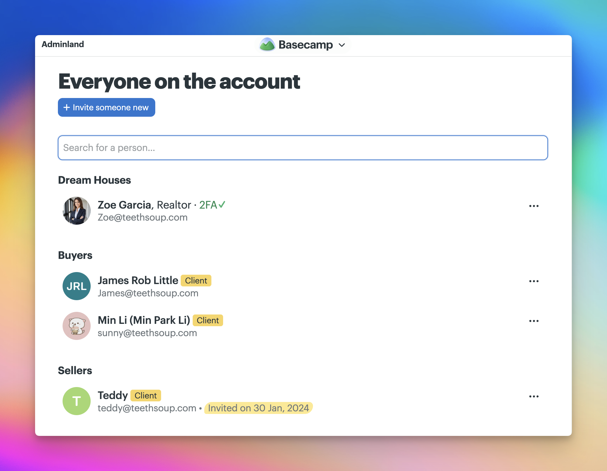A screenshot of the Manage people page. There are three companies: Dream Houses, Buyers, and Sellers.
