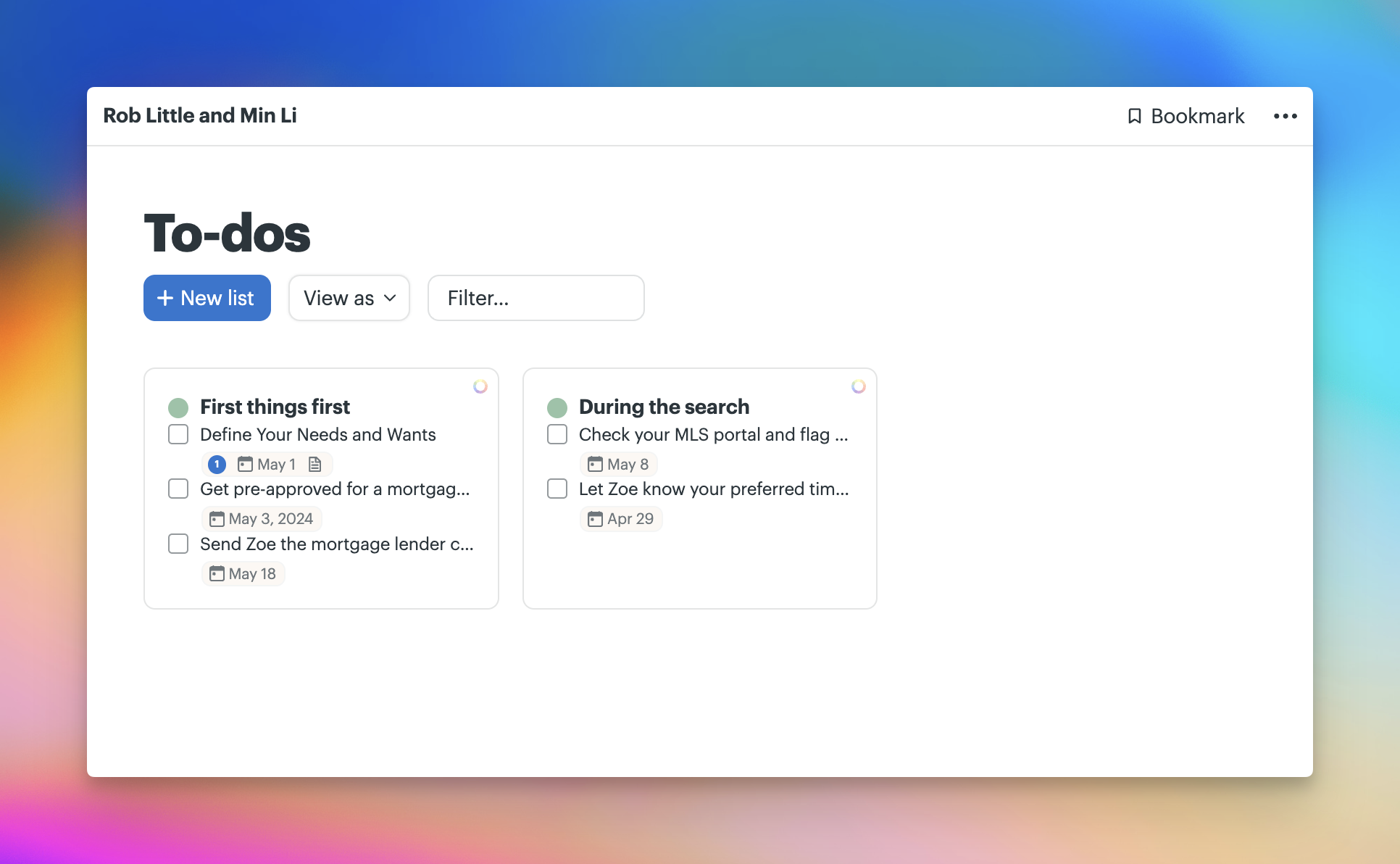 A screenshot of the Client's view in the To-dos tool. There are 2 To-do lists — one named First things first and the other is named During the search