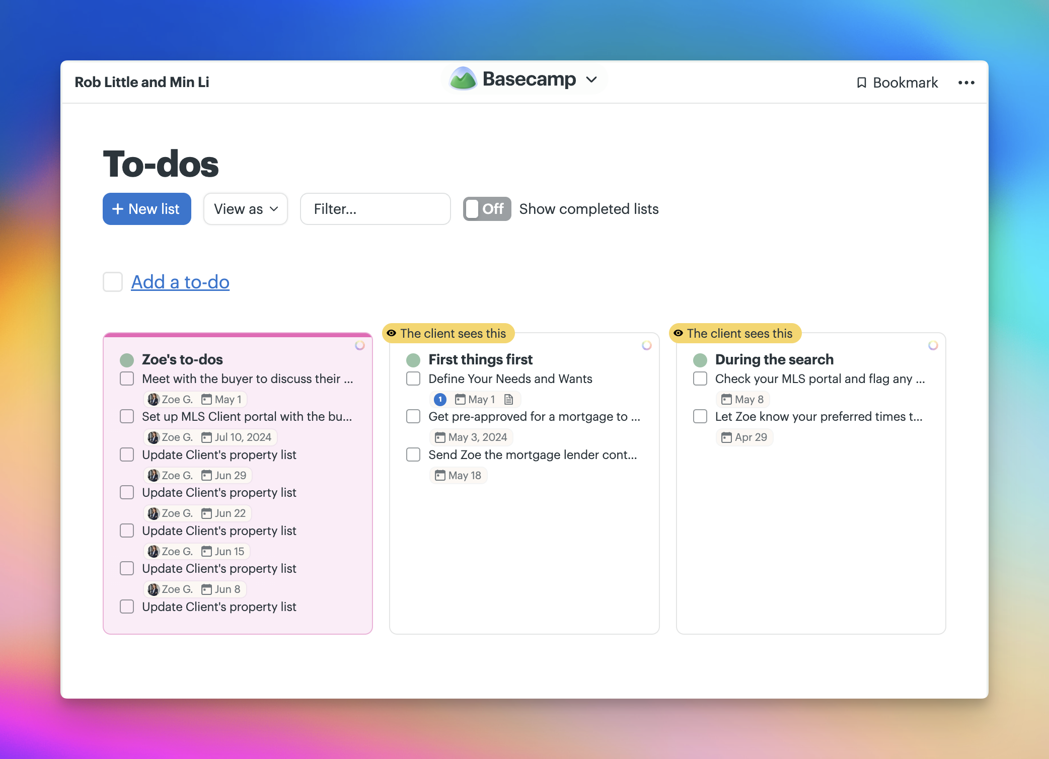 A screenshot of a Non-client view in the To-dos tool. There are 3 To-do lists — Zoe's to-dos, First things first, and During the search.