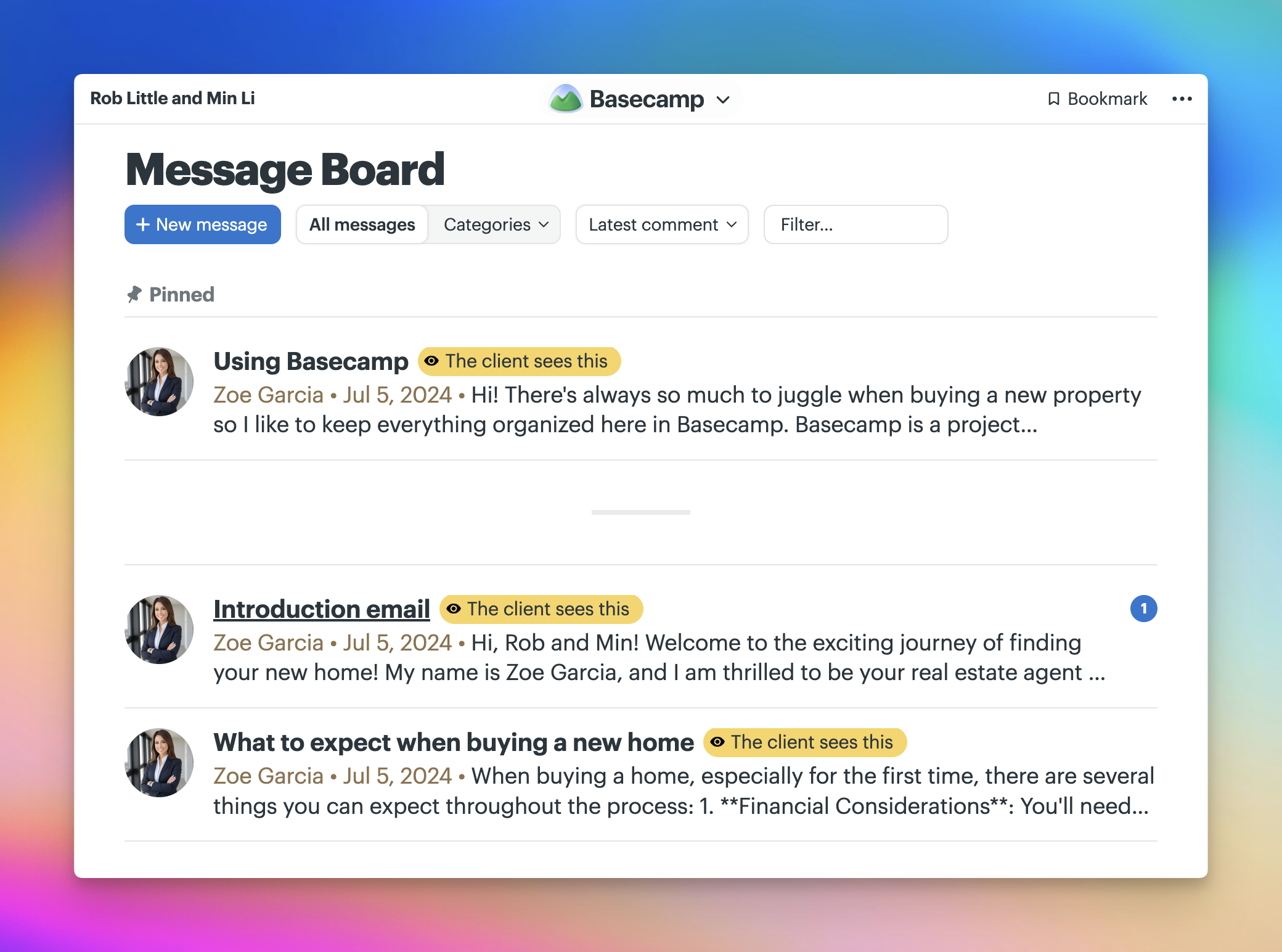 Screenshot of the Message Board tool with 3 Messages titled: Using Basecamp (pinned to the top), Introduction email, and what to expect when buying a new home.