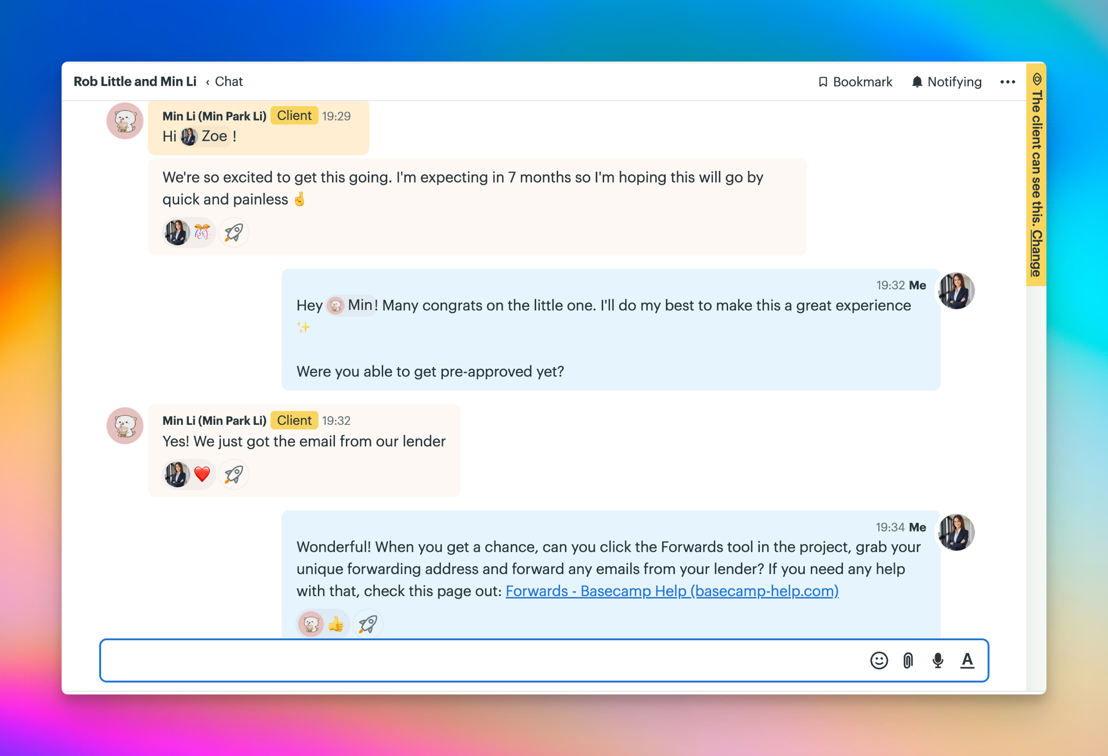 Screenshot of the project's Chat tool with several messages posted by the real estate agent, Zoe, and the buyer, Min Li.