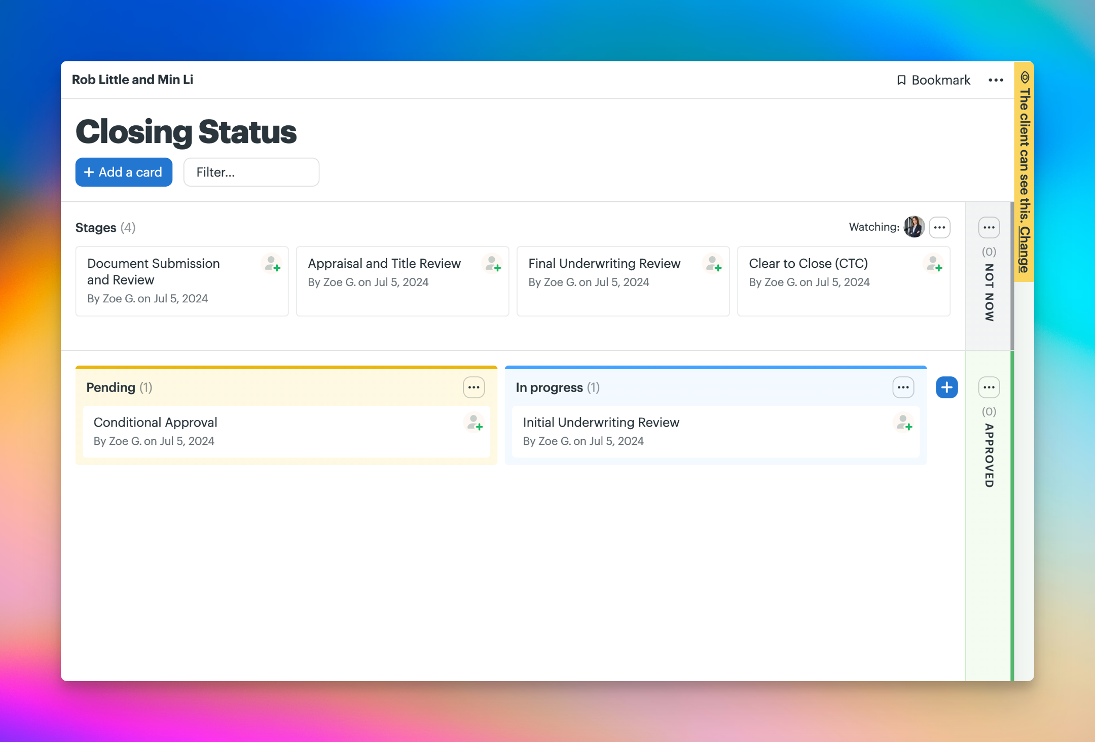 A screenshot of a Card Table renamed to Closing status.