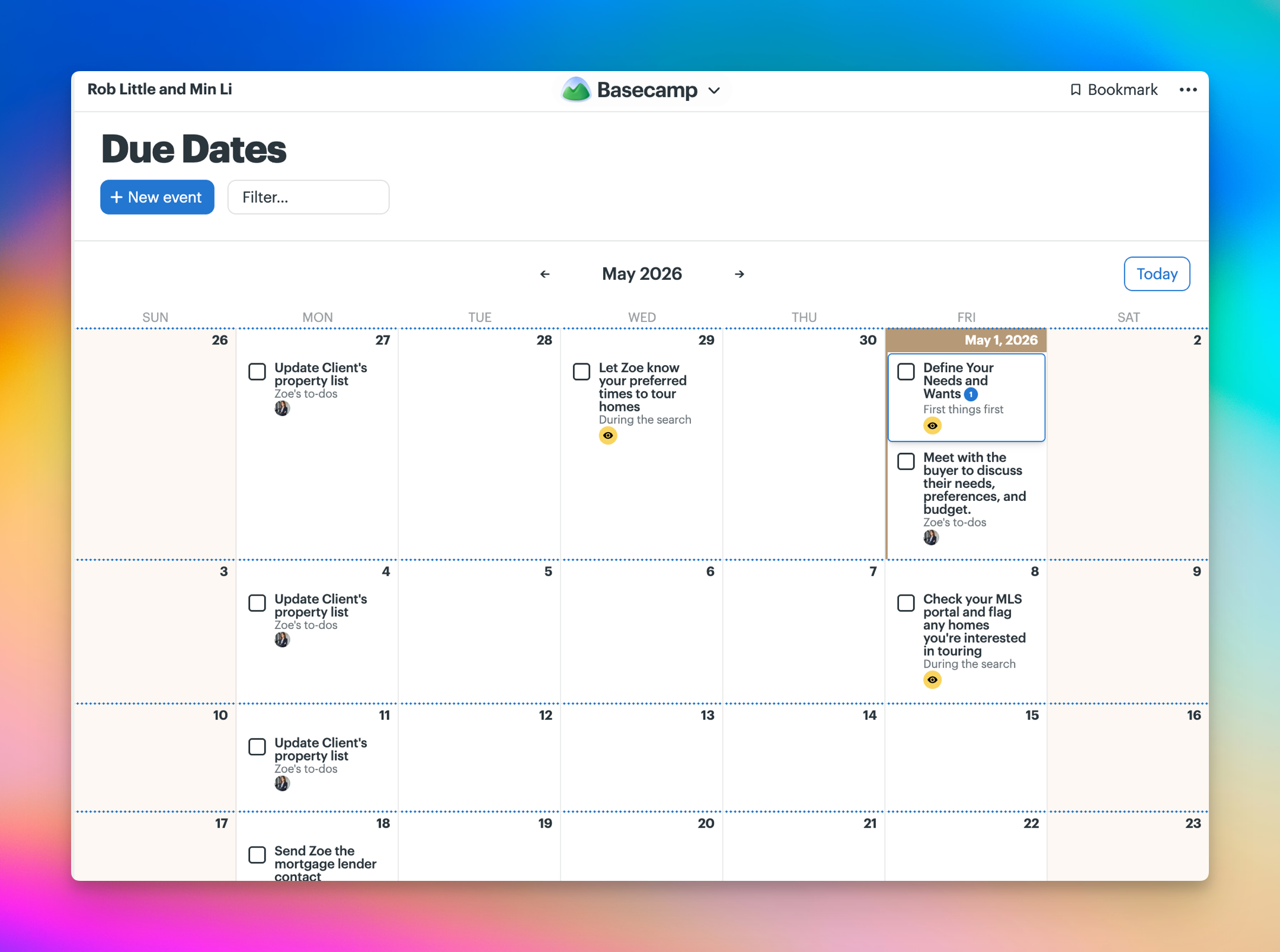 Screenshot of a Calendar tool that was renamed to Due dates. This shows dated to-dos for the project.