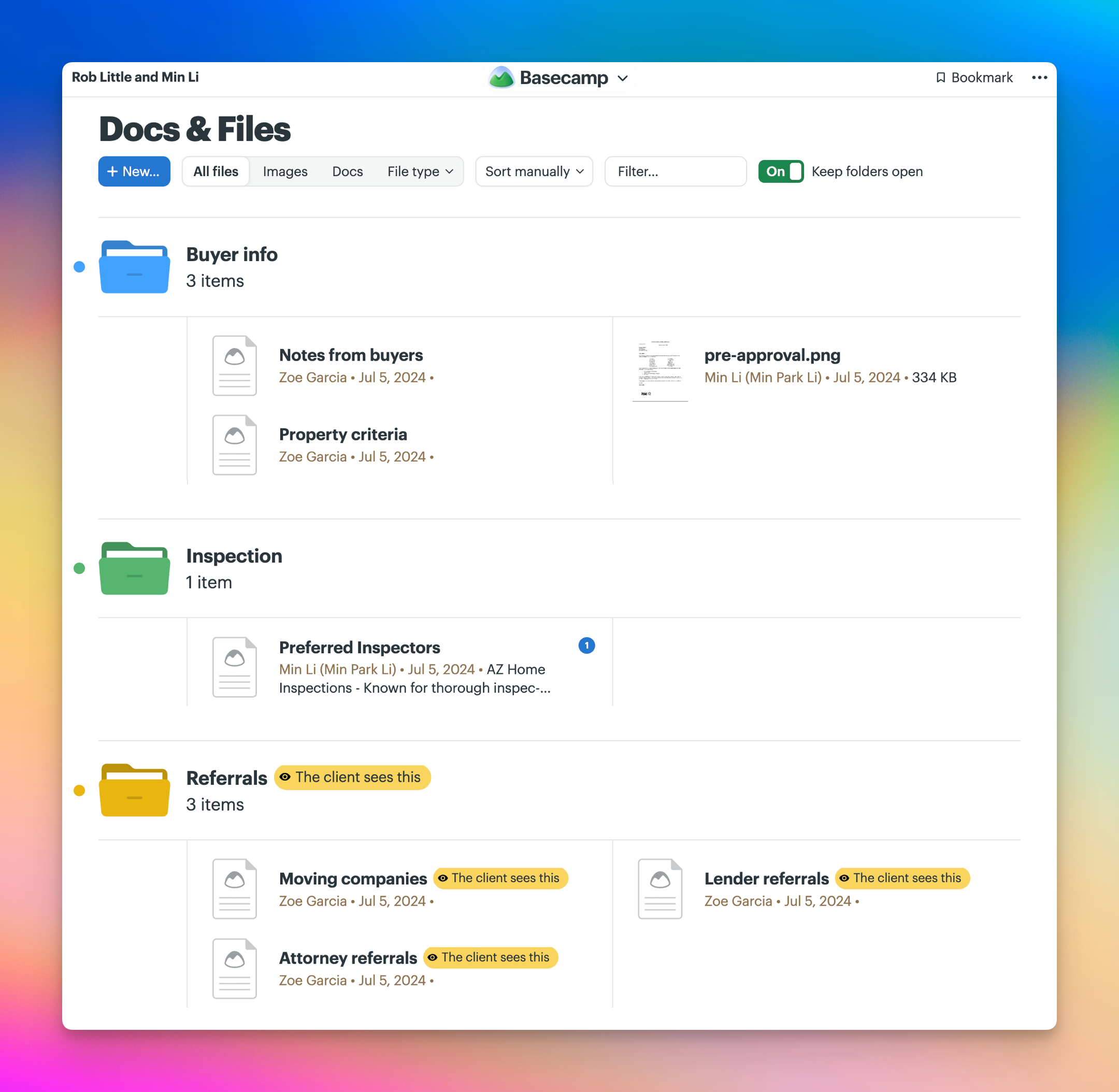 A screenshot of the Docs & Files tool showing 3 folders of documents — Buyer info, Inspection, and Referrals.