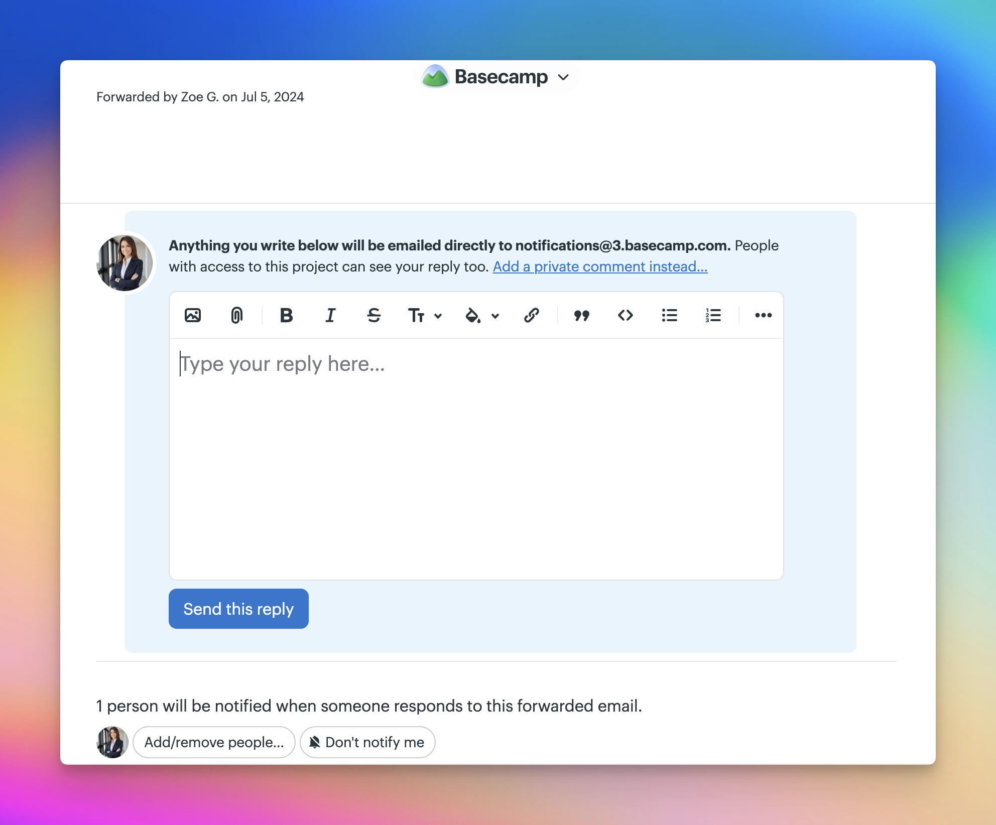 A screenshot of an email forward reply to text box.
