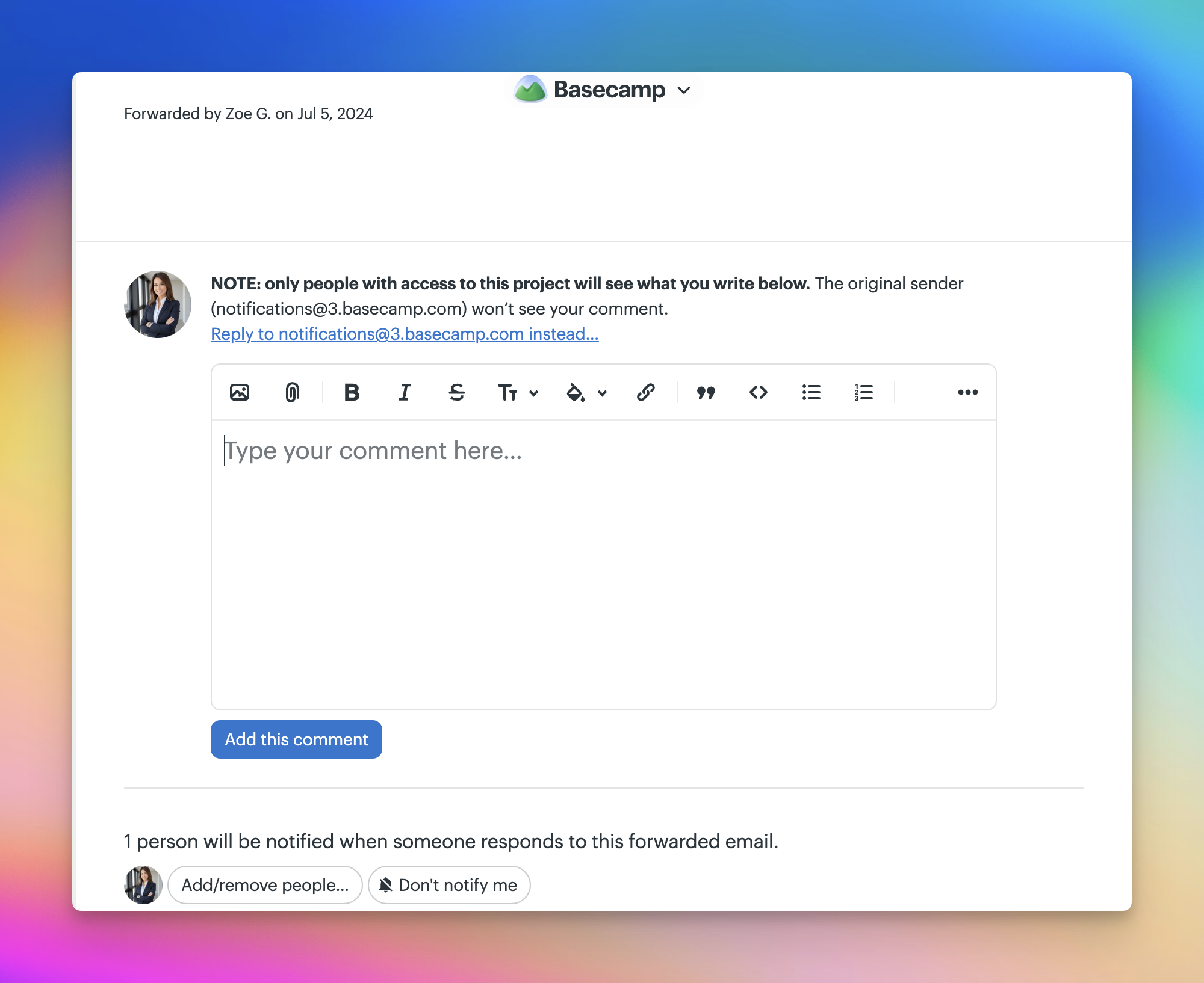 A screenshot of an email forward comment text box.