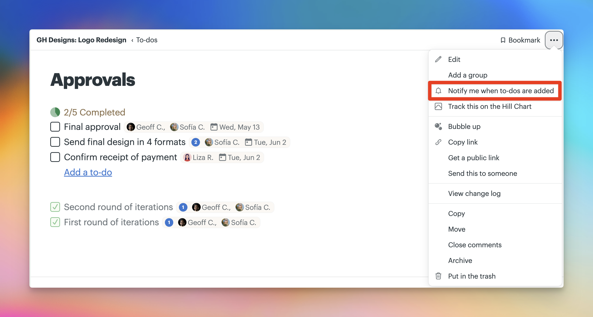 a screenshot with a box around the menu option on a to-do list to notify me when new to-dos are added to this list