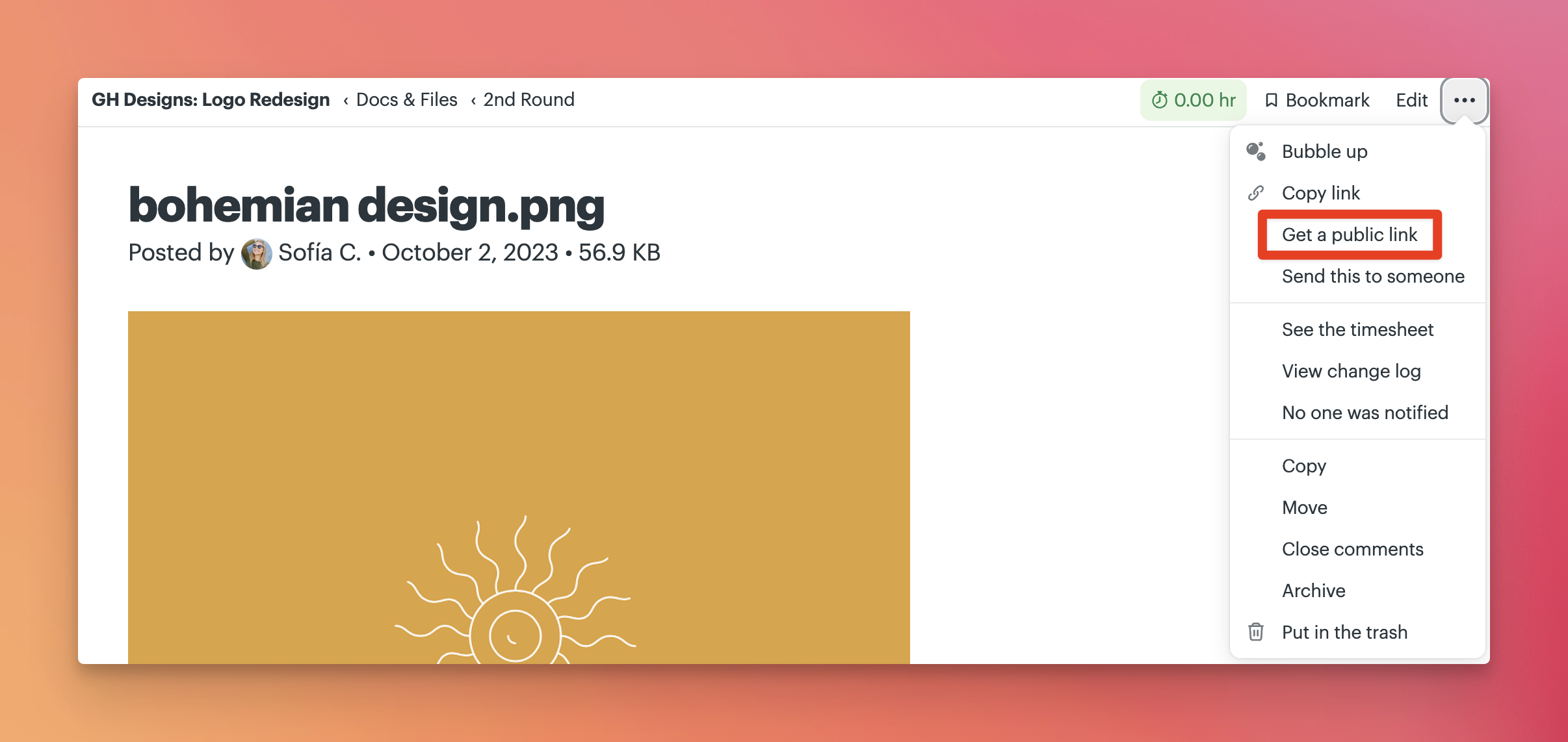 a screenshot of a box around the get a public link option in the menu