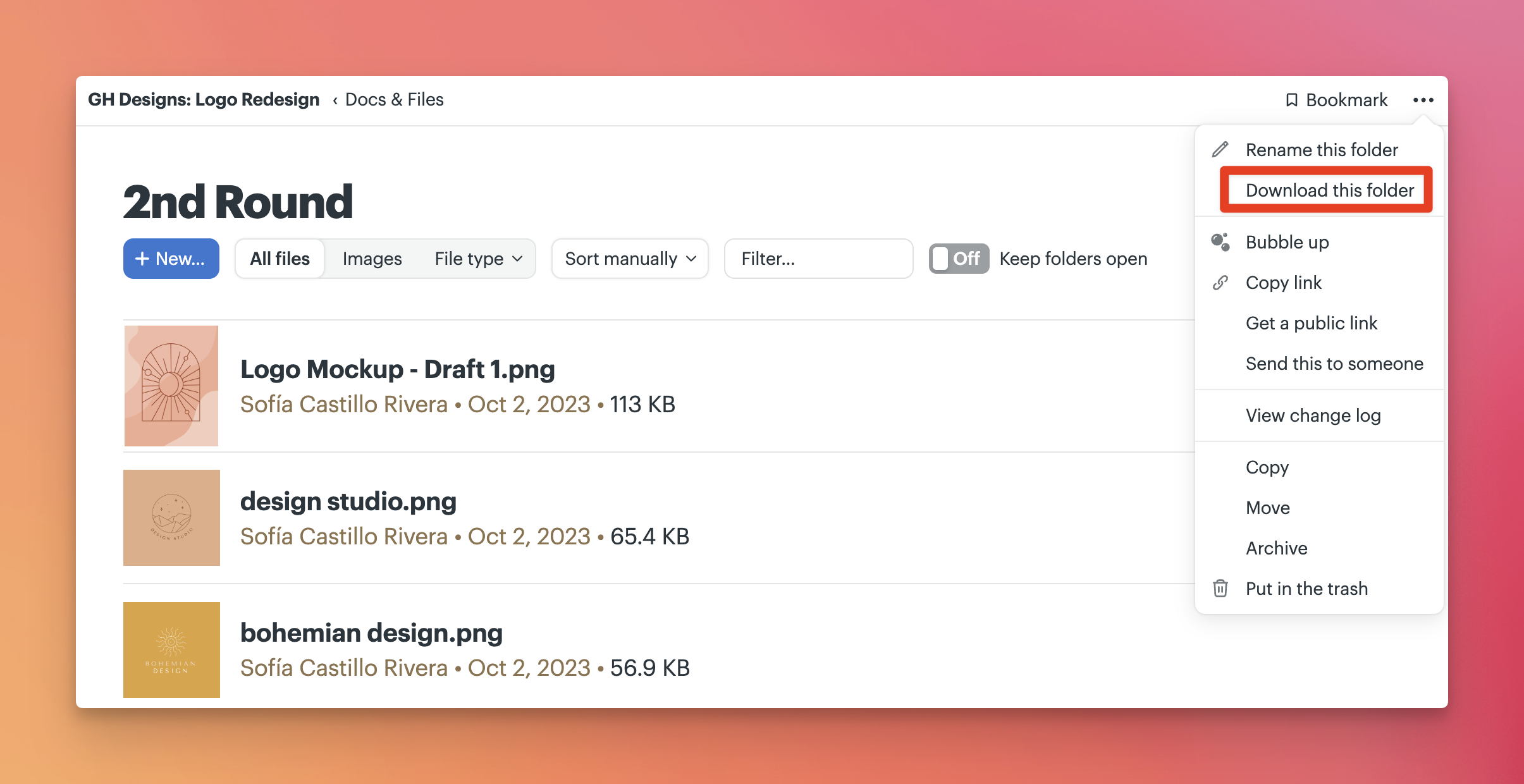 a screenshot of a box around the download this folder menu option