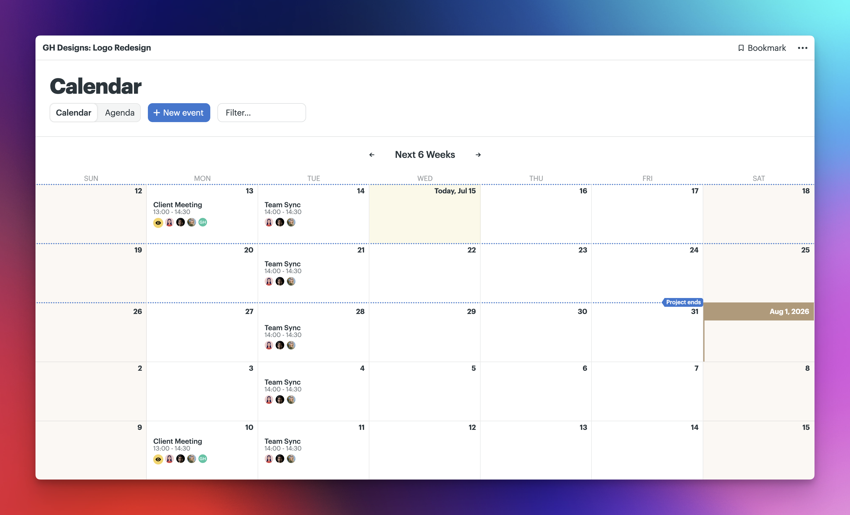 a screenshot showing the project calendar page