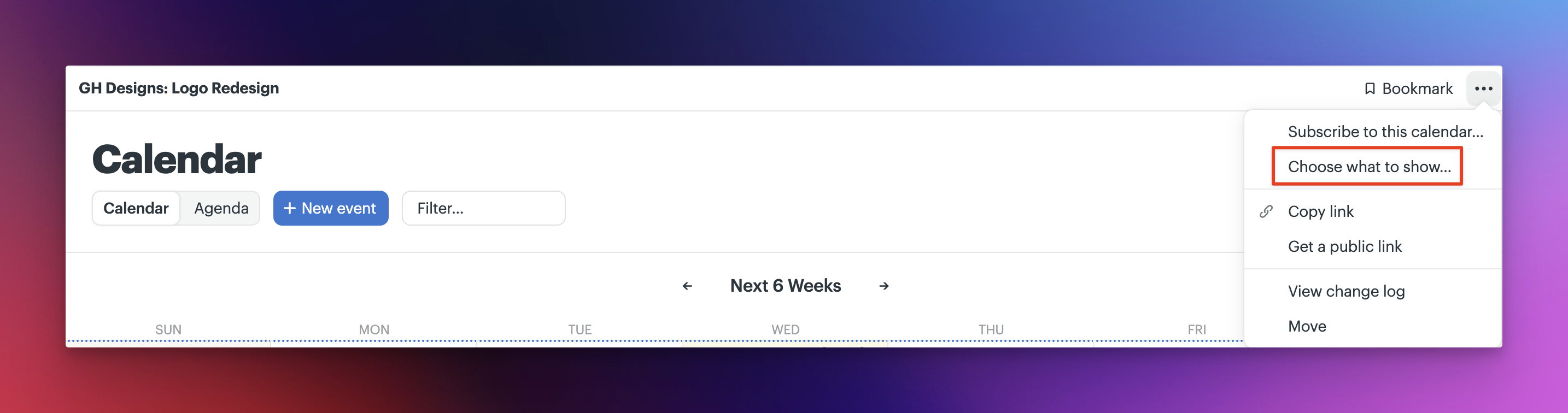 a screenshot with a box around the choose what to show option on a project calendar