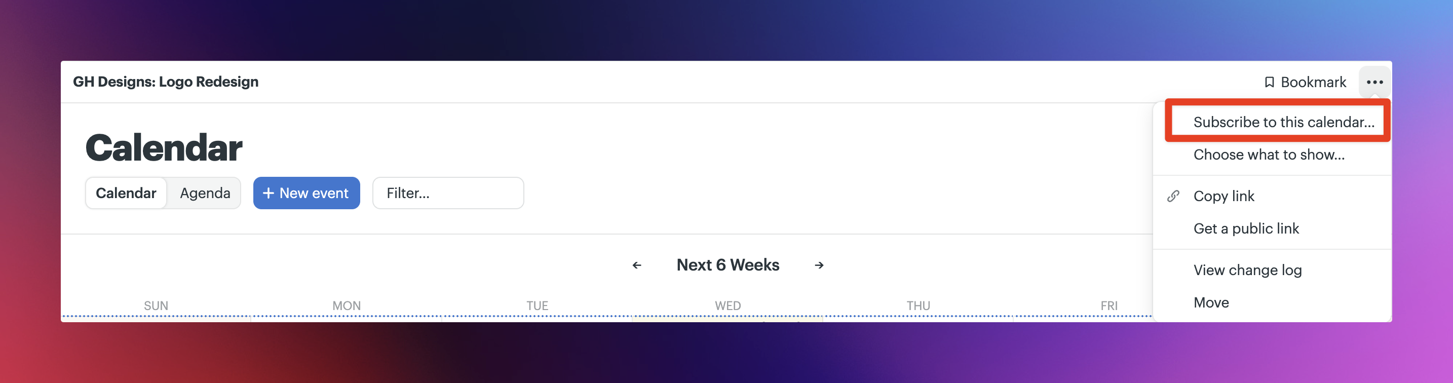 a screenshot with a box around the subscribe to this calendar menu option on a project calendar