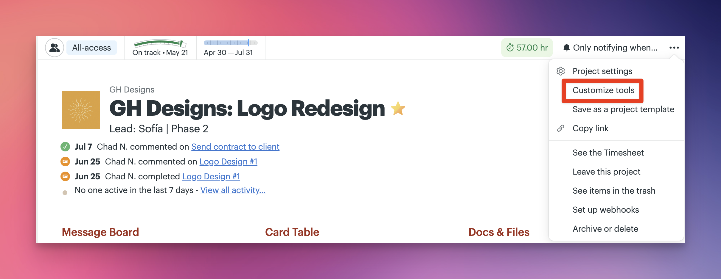 a screenshot of a box around the customize project tools menu option on a project screen