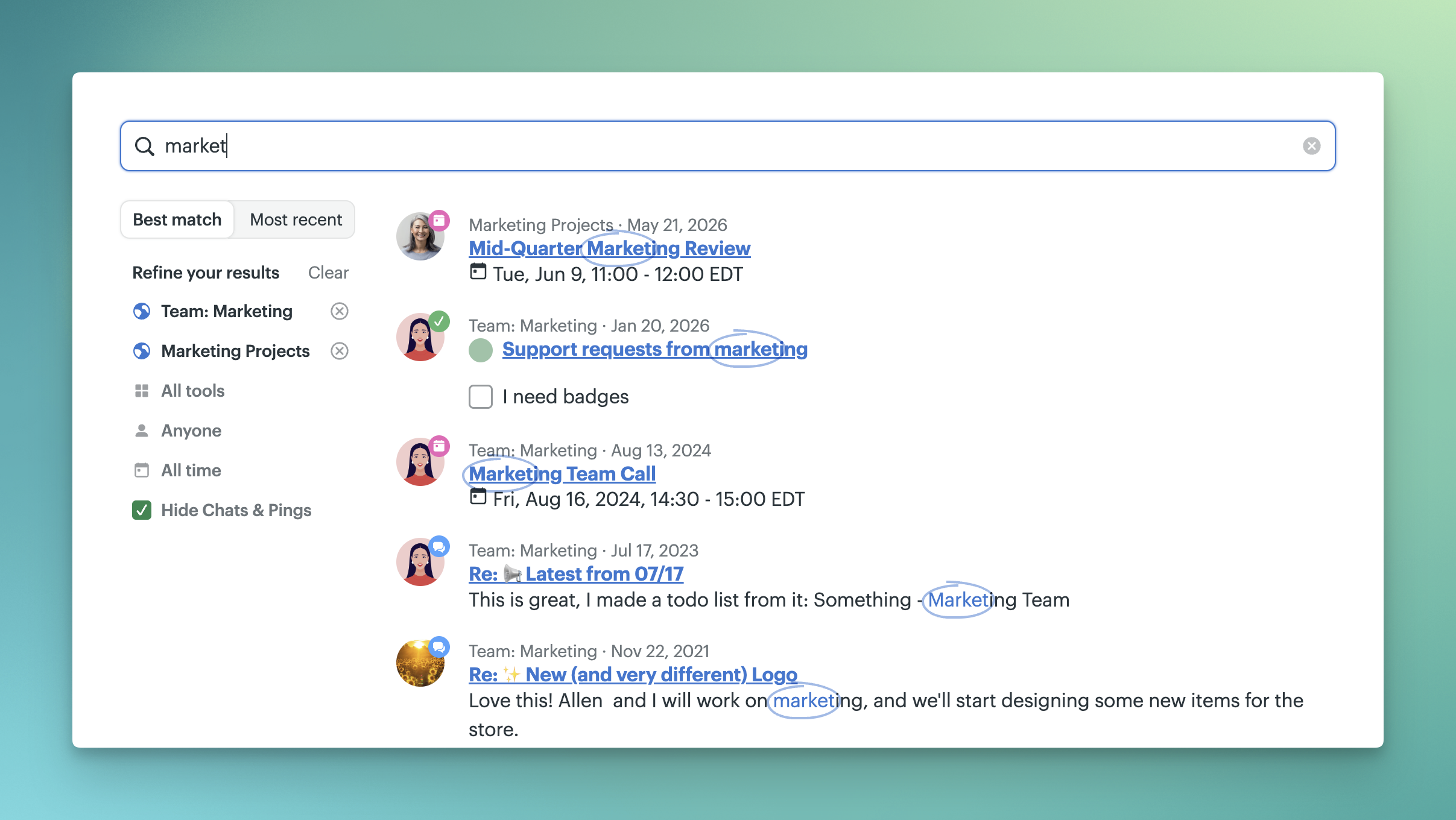 a screenshot showing refined search results by projects