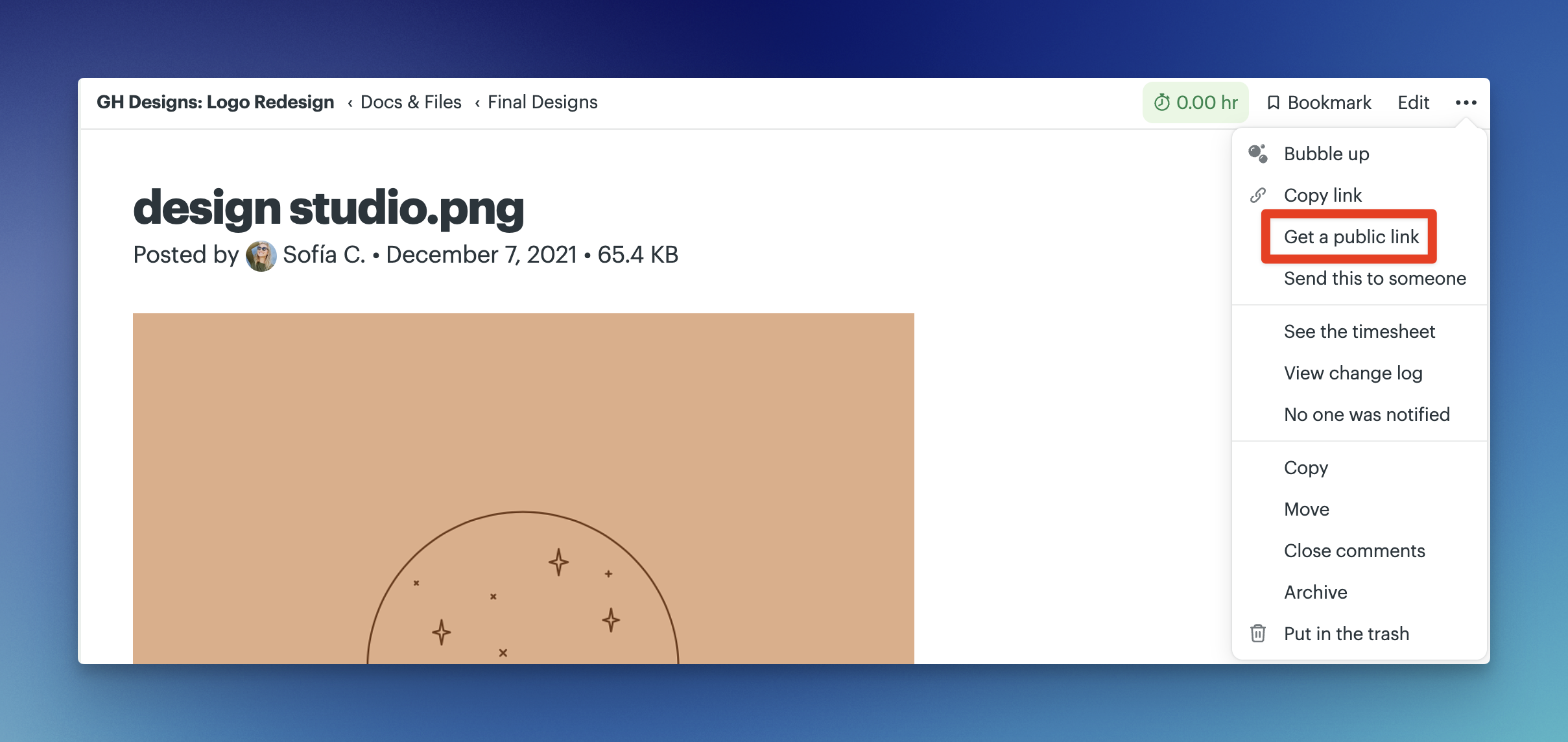 a screenshot of a box around the menu option on an item to get a public link