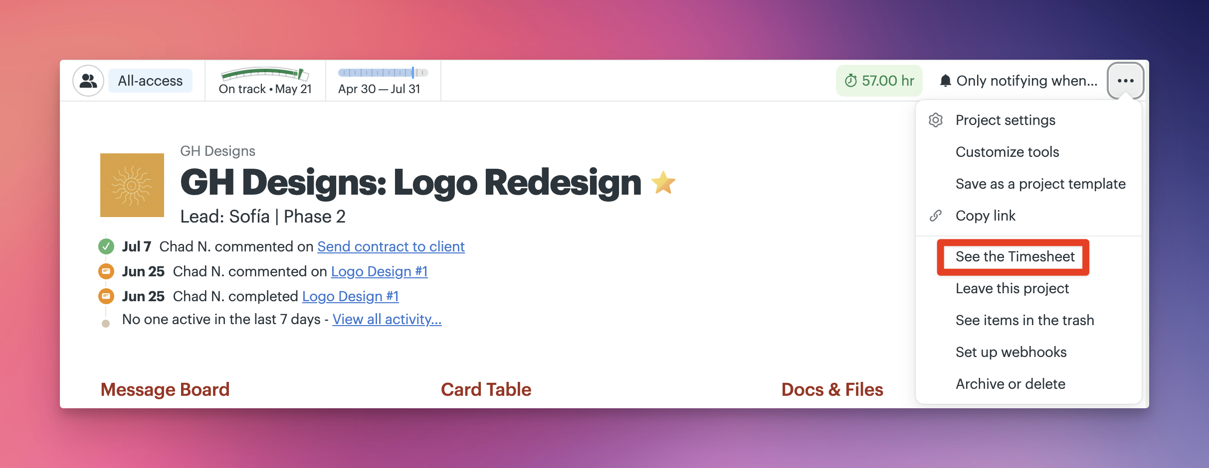 a screenshot with a red box around the menu option on a project to see the timesheet