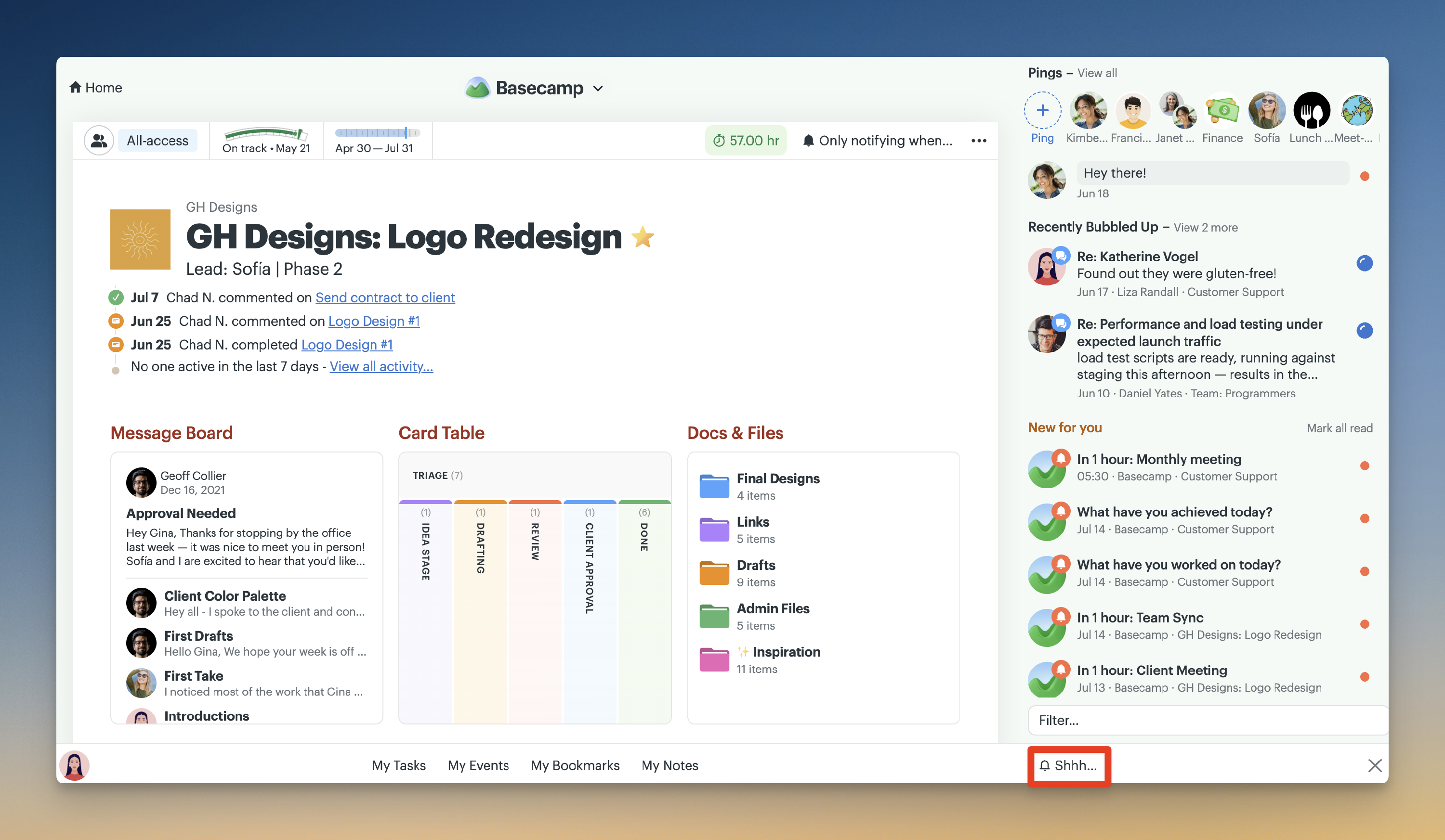 Screenshot of a project with the notification sidebar opened, The Shhh... is outlined in a red box.