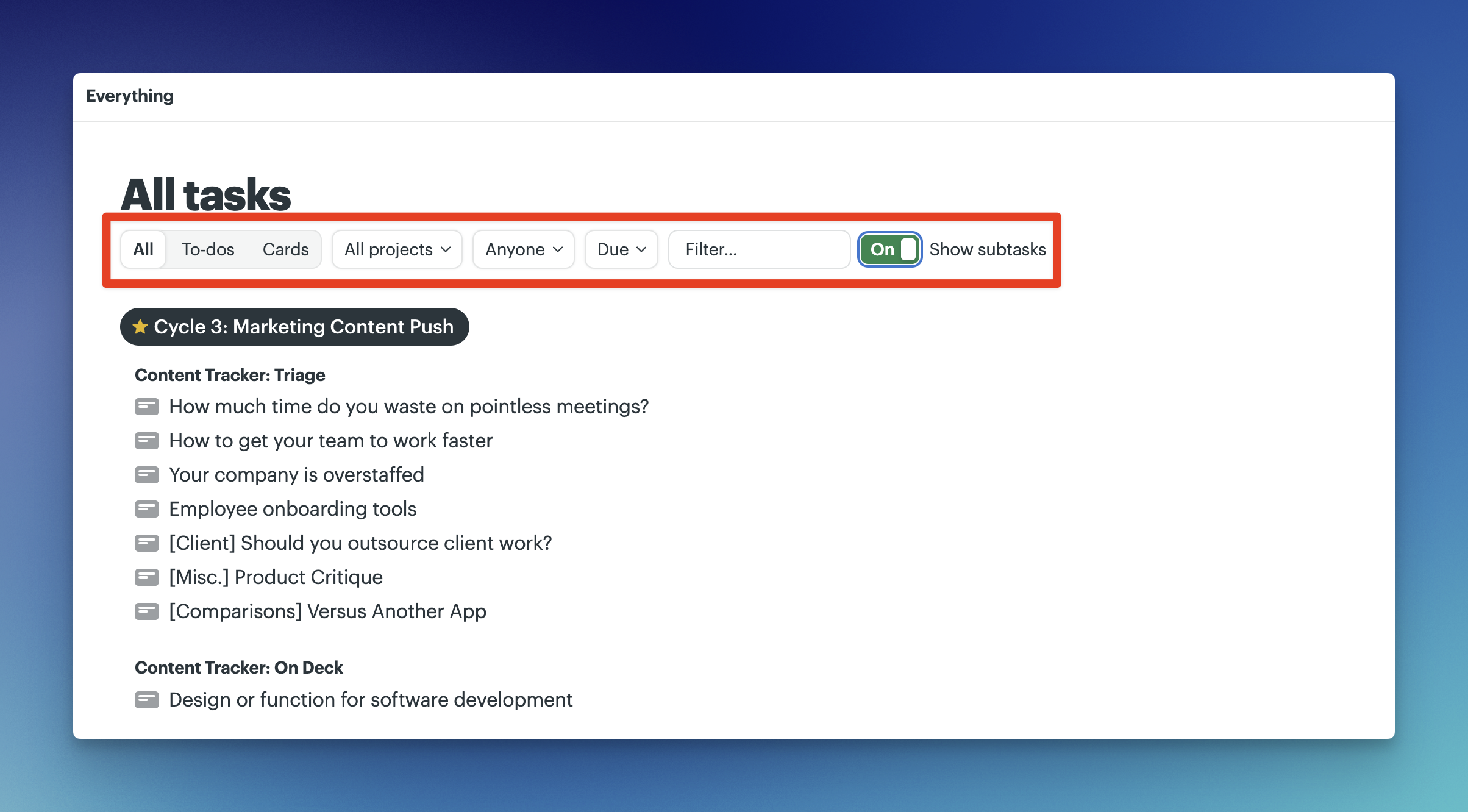 Screenshot of the All tasks Everything page with the filter options outlined in a red box.