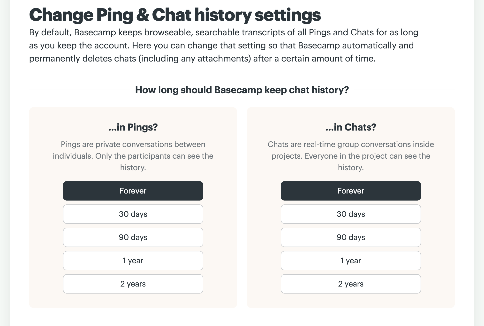A screenshot of the Chat and Pings history setting in the Admin Pro Pack, with the available options. 