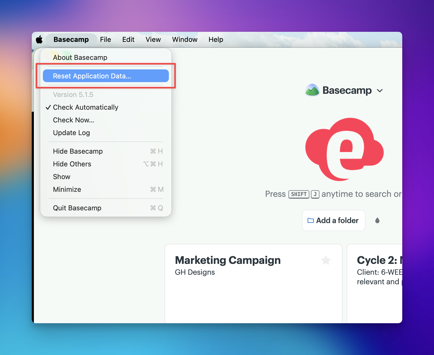 A screenshot of the Basecamp desktop app on MacOS, with the Basecamp menu open and a highlight box around the 'Update now' option.