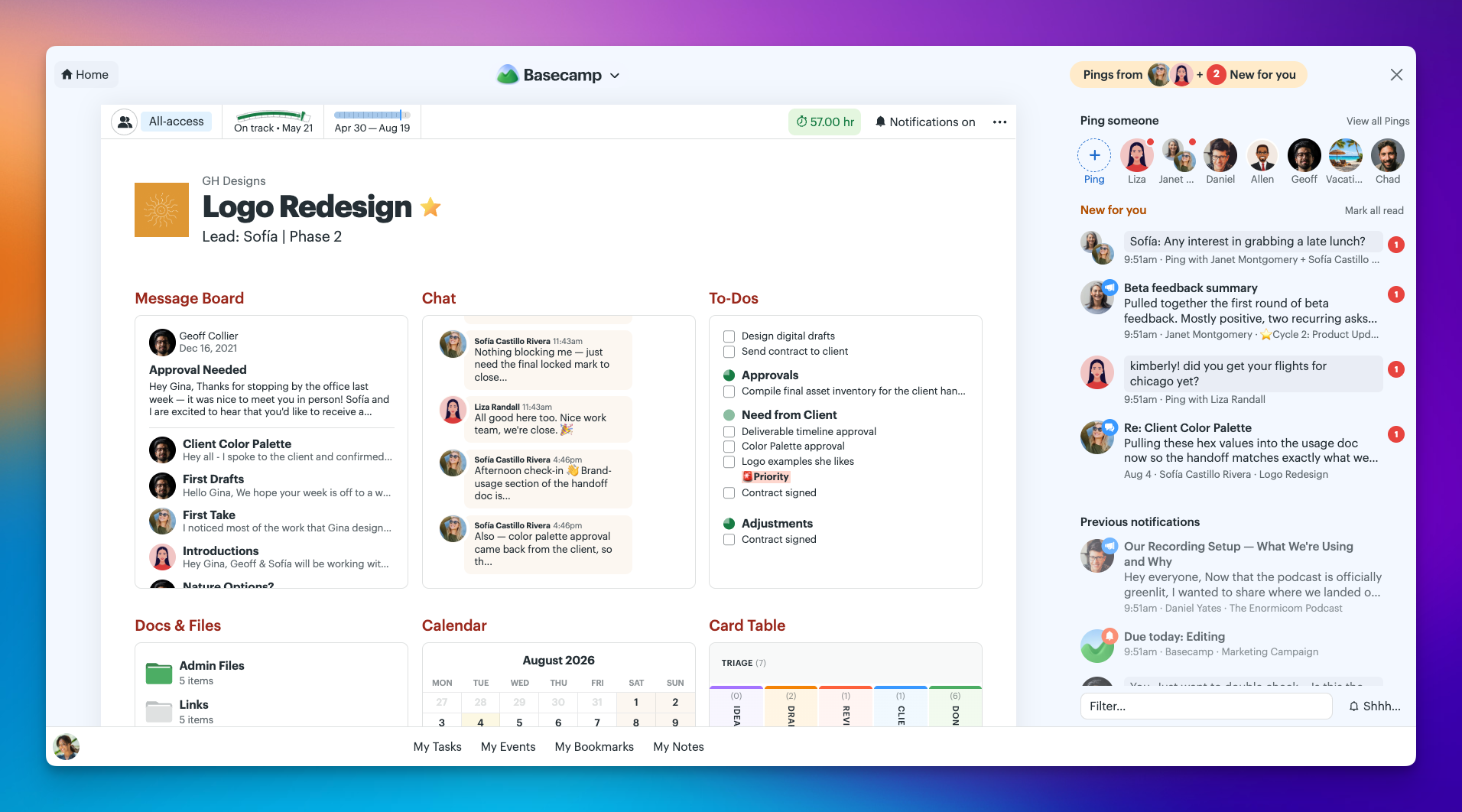 A screenshot of a Basecamp project with the Sidebar open. It shows Pings and notifications.