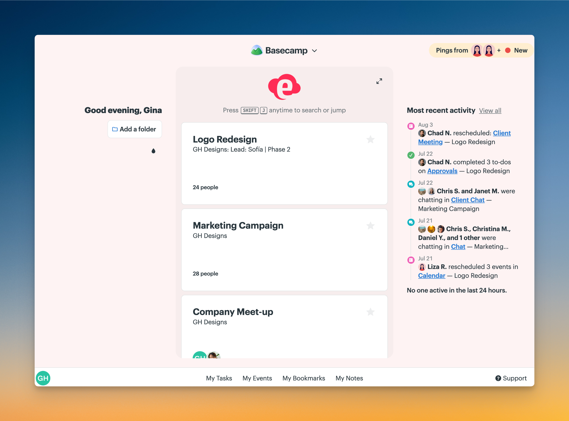 Screenshot of a client's Home screen. Notification bar is on the right and projects right down the middle. There's also an option to add a project folder on the left.
