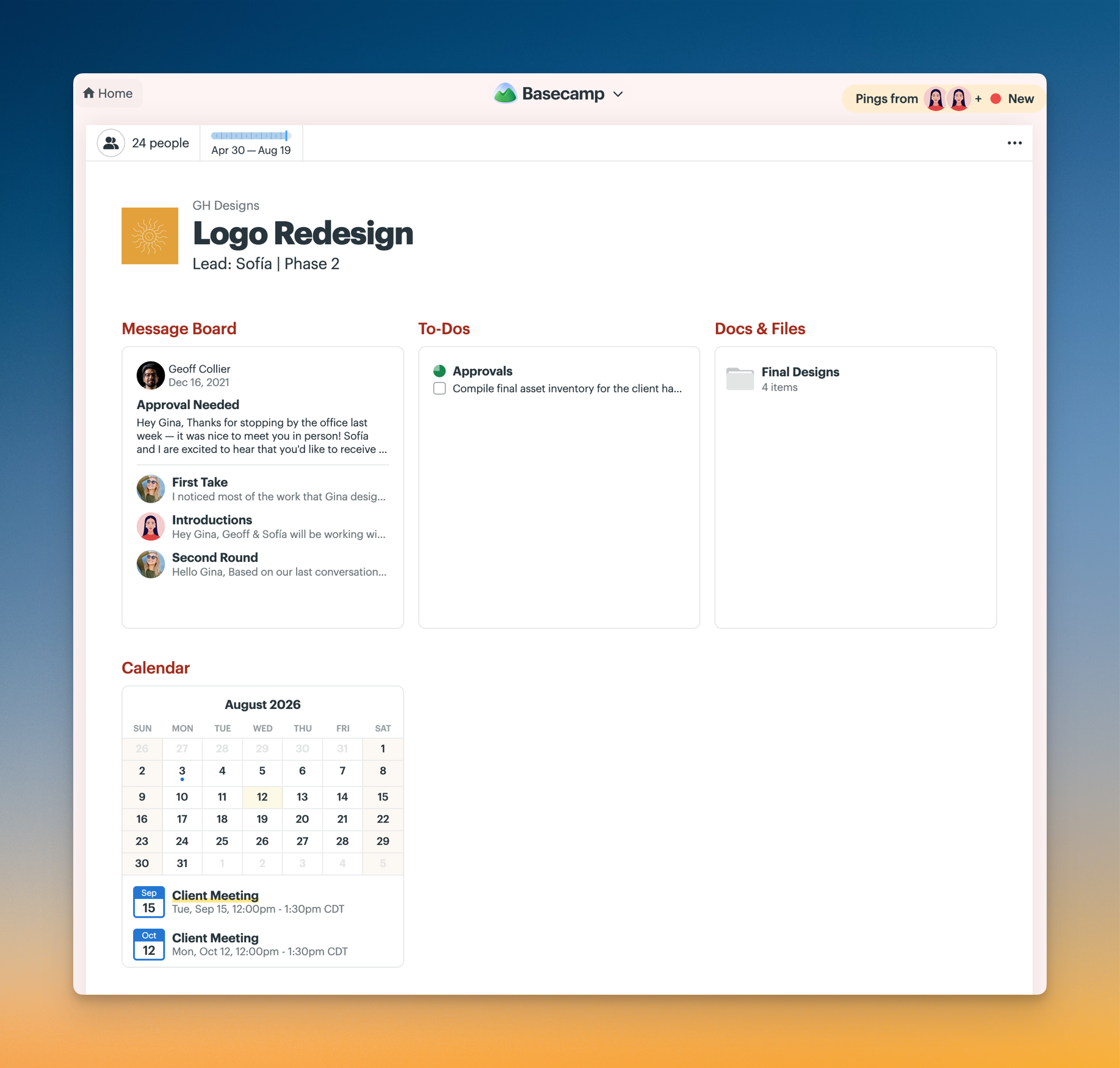 A screenshot of a Basecamp project with the Message Board, To-Dos, Docs & Files, and Calendar tools visible.